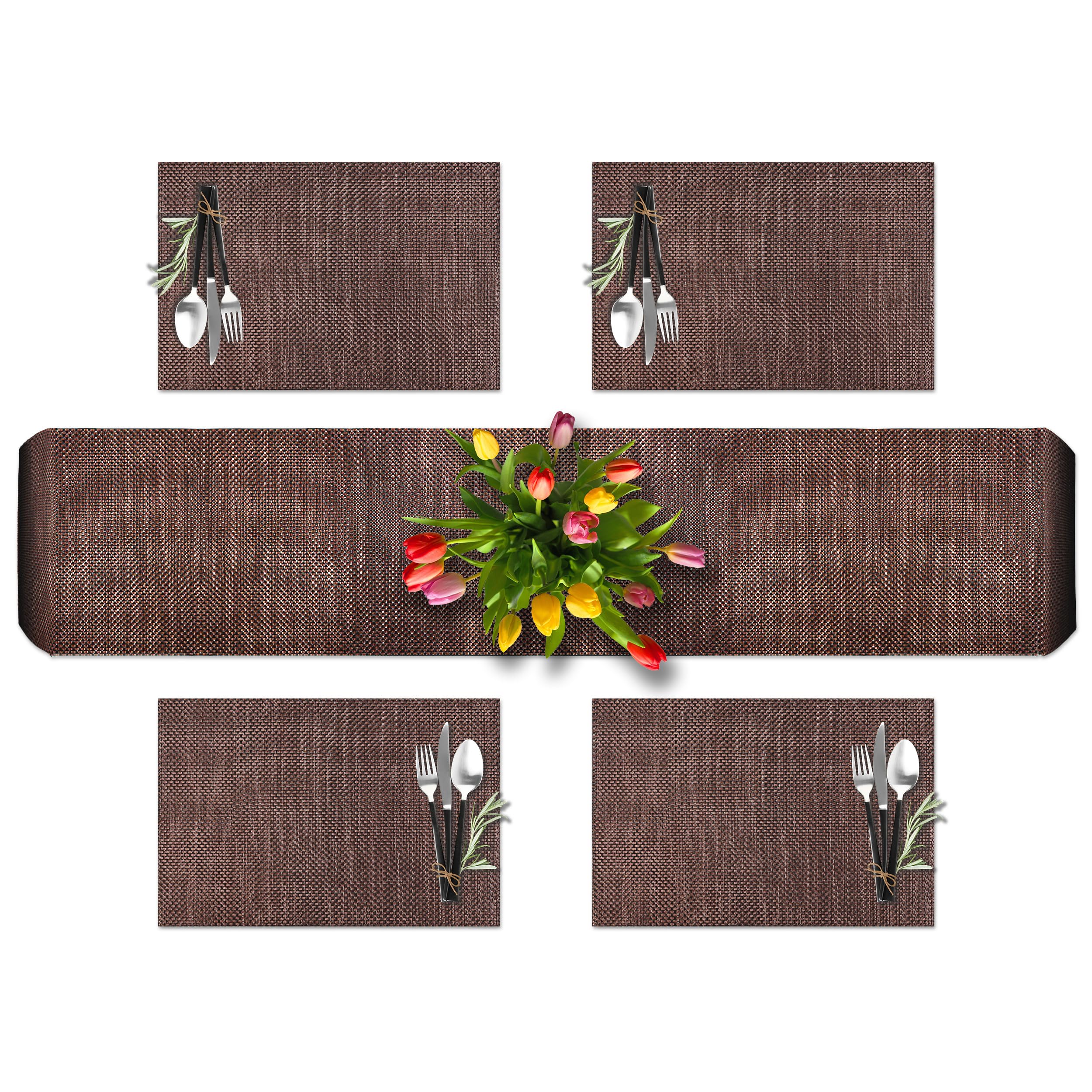 CK Home: Modern Style 1 Table Runner and 4 Place Mats Set, Woven with Durable Vinyl/Poly Yarns, Easy to Clean and Store, Color: Brown, Coffee/Tan, Teal/Brown.