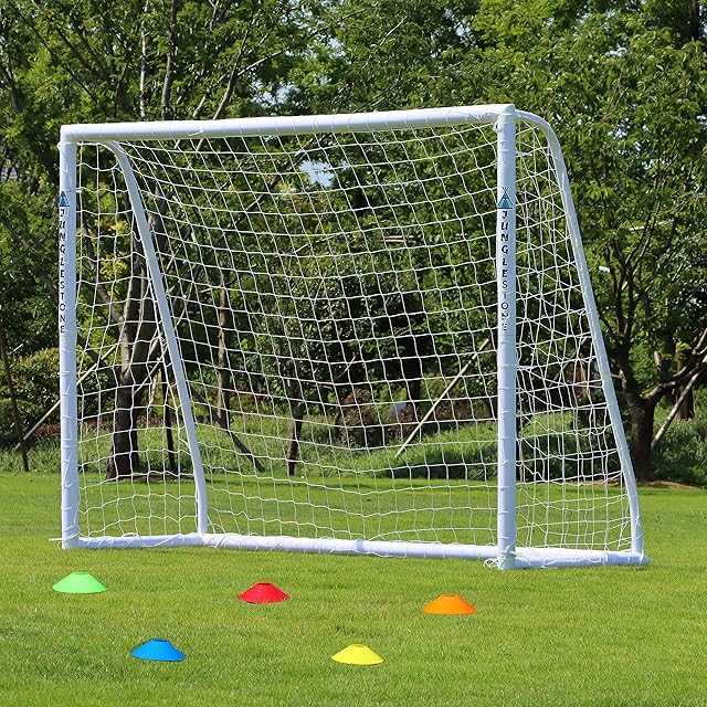 JUNGLE STONE Ultimate All Weather uPVC Football Goal 8ft x 6ft Garden Portable Football Goals 70mm Thick PVC Goal Posts + Football Net Integrated Locking System