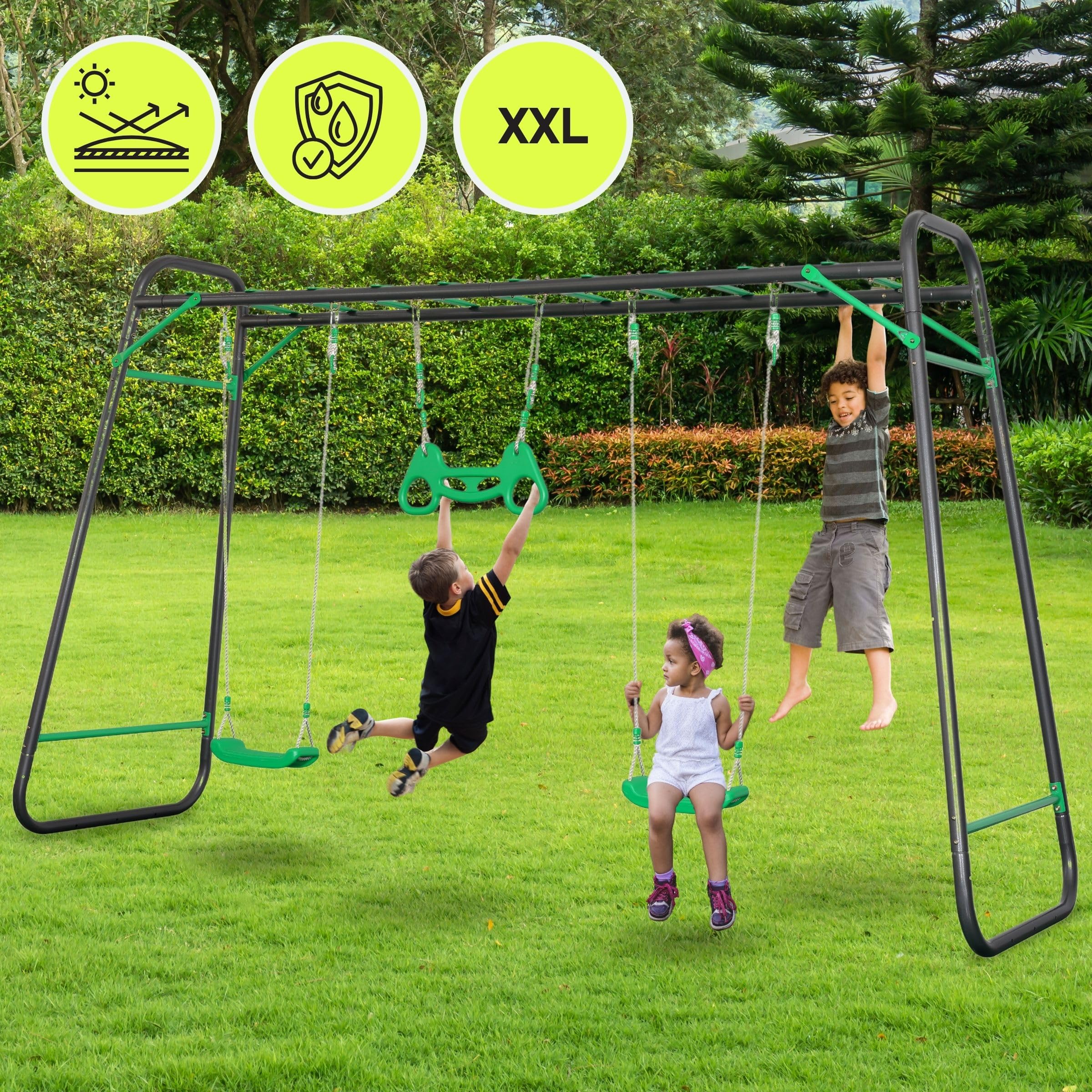 HyperMotion Gartenschaukel-Set XXL: 2 Schaukelsitze, Kletterleiter und Turntrapez - Stabiler Stahlrahmen belastbar bis 150 kg - Outdoor-Spielgerät für den Garten