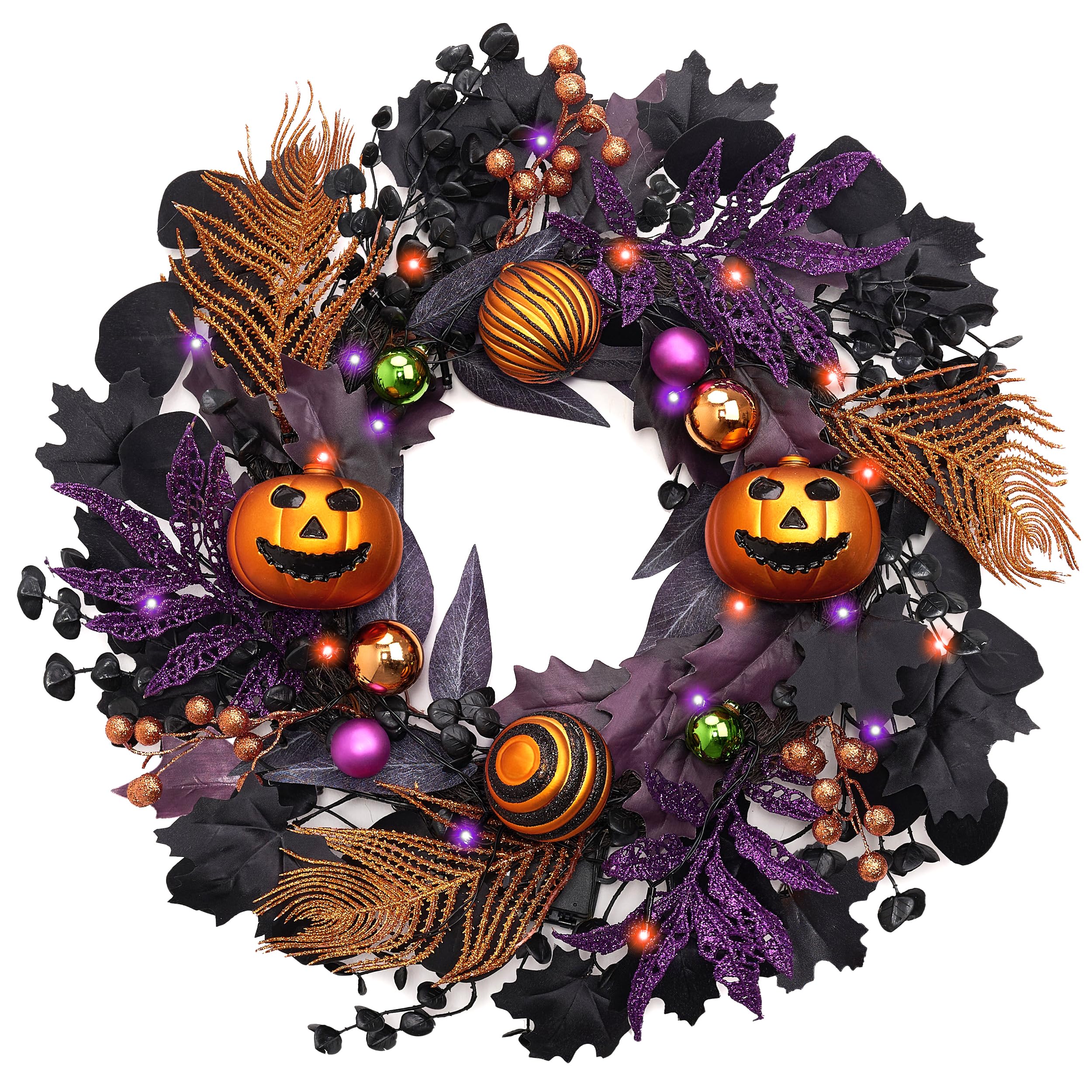 Valery Madelyn 18" Pumpkin Halloween Wreath for Front Door Decor | Pre-Lit Jack-o'-Lantern Pumpkin Wreath with Lights Halloween Decorations for Window Indoor Party Holiday Wall Home