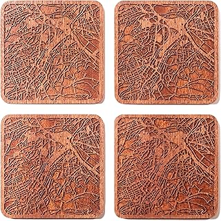 Stuttgart Map Coaster by O3 Design Studio, Set Of 4, Sapele Wooden Coaster With City Map, Handmade