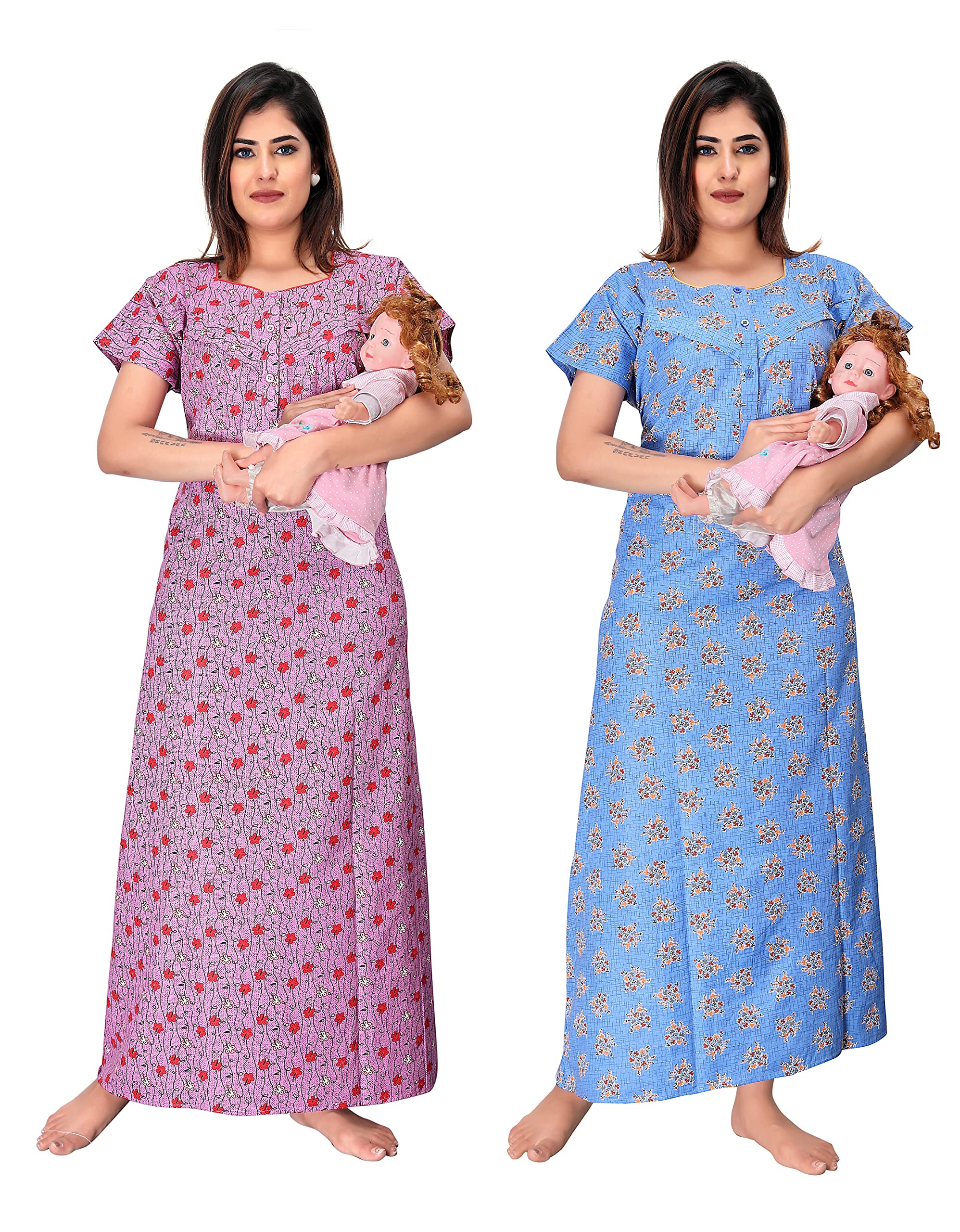Cotton Feeding Nighty COMBO in Mix Cotton with Two Side Zips for Baby Feeding Purpose and Neck Buttons For Comfortable Wearing . A Mix Cotton Feeding Nighty with zip , maternity nighty for women Cotton feeding nighty (Maternity Nighty) Combo Pack-image-40