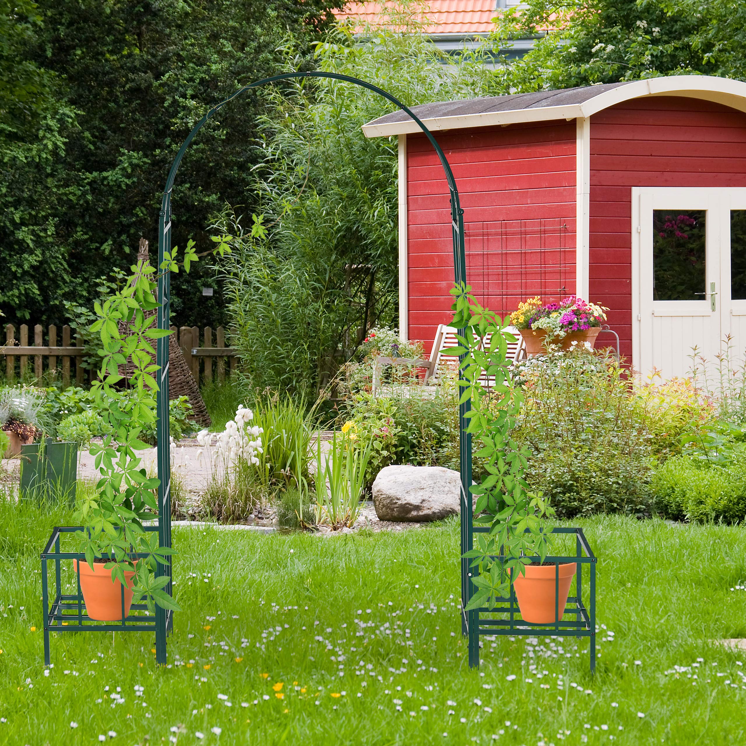 Relaxdays Arcade de rosiers, pergola Plantes grimpantes, 2 bacs jardinière, HxlxP 226 x 204 x 45 cm, Vert foncé
