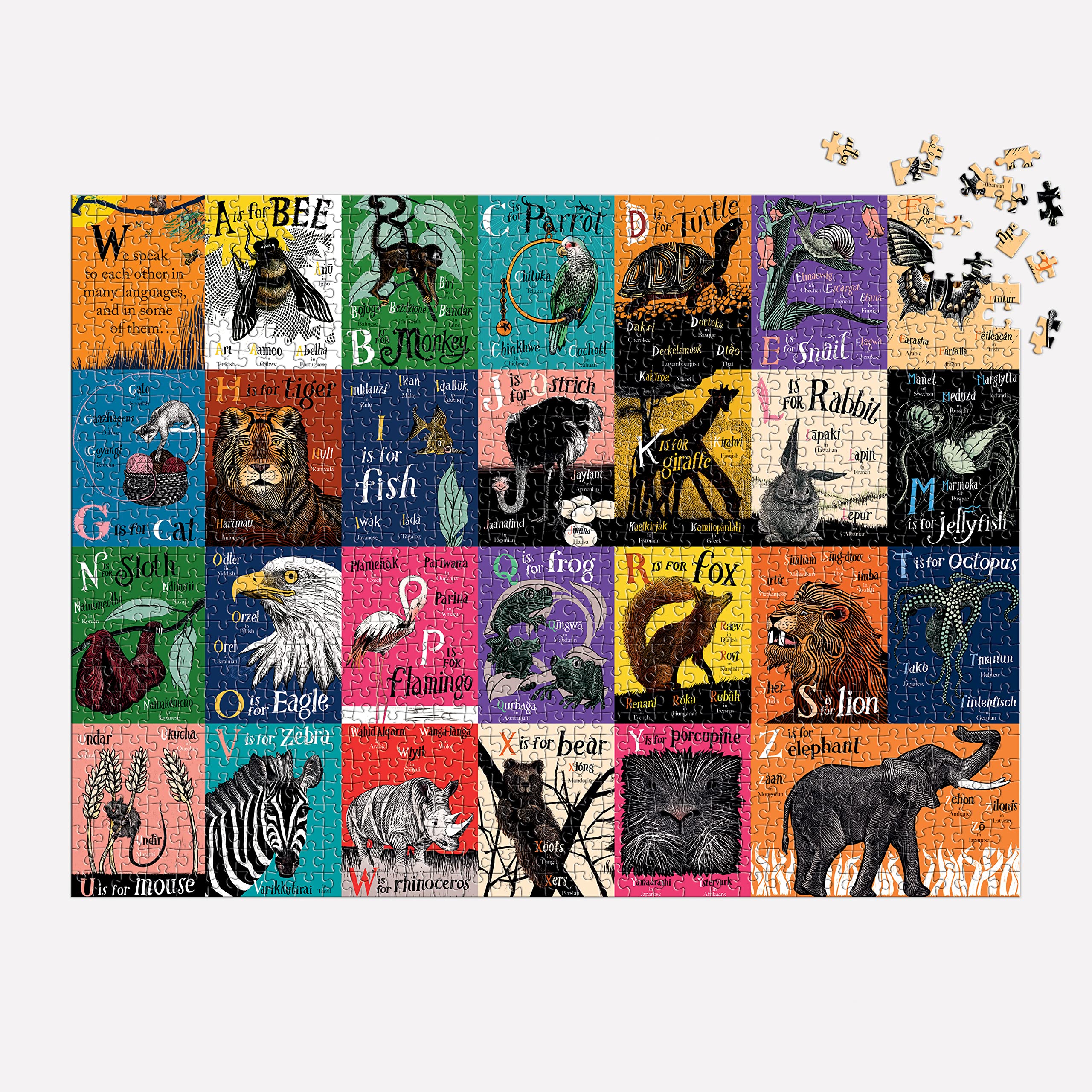 Mudpuppy A is for Bee: an Alphabet in Translation - 1000 Piece Family Puzzle with Unique and Colorful Illustrations of Animals in Different Languages for Children Ages 8 and Up - Image 3