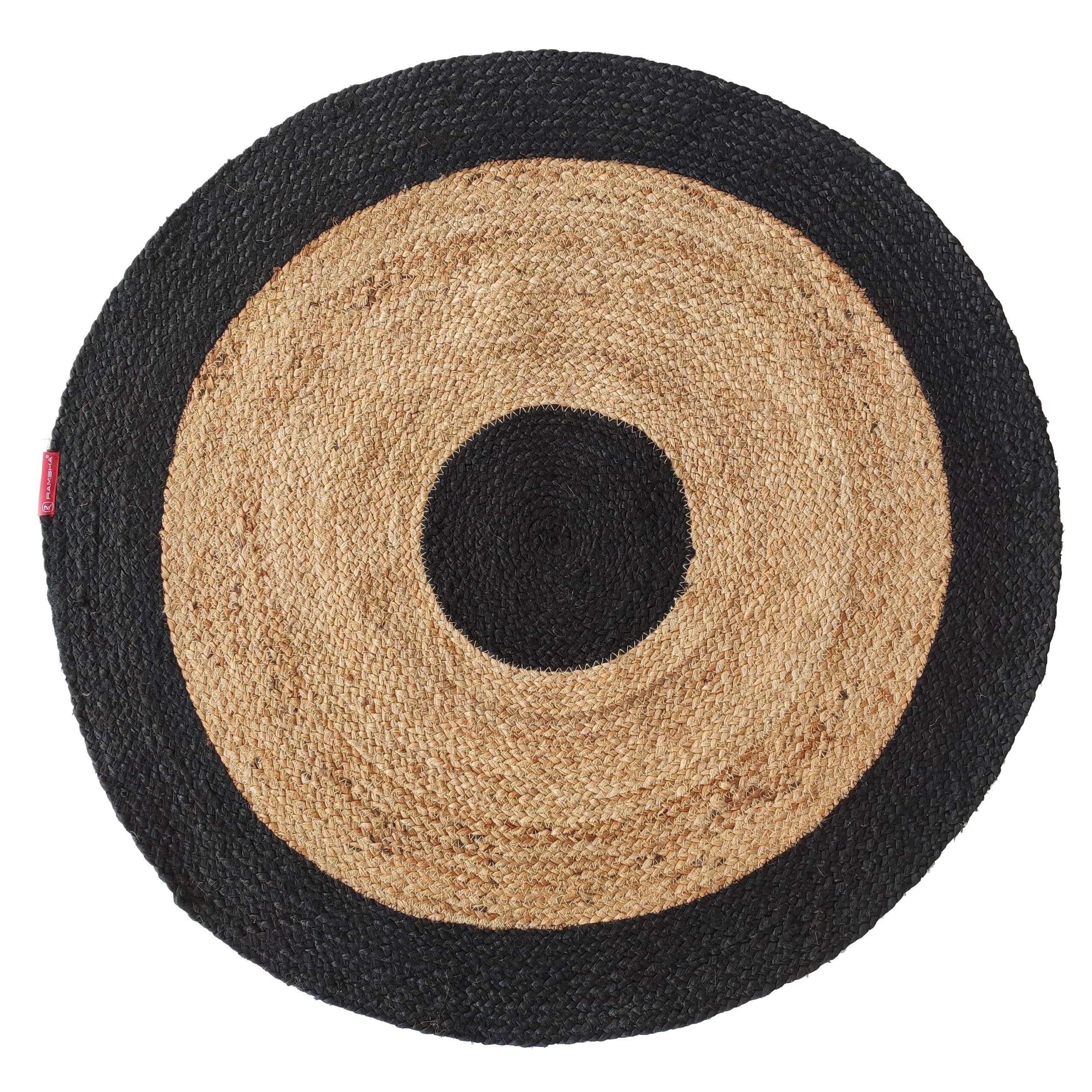 Ramsha Home Handmade braided rug kitchen mat jute carpet 90 cm Handwoven BR-003 Jute Area Rug natural jute floor rug round shape with black border.