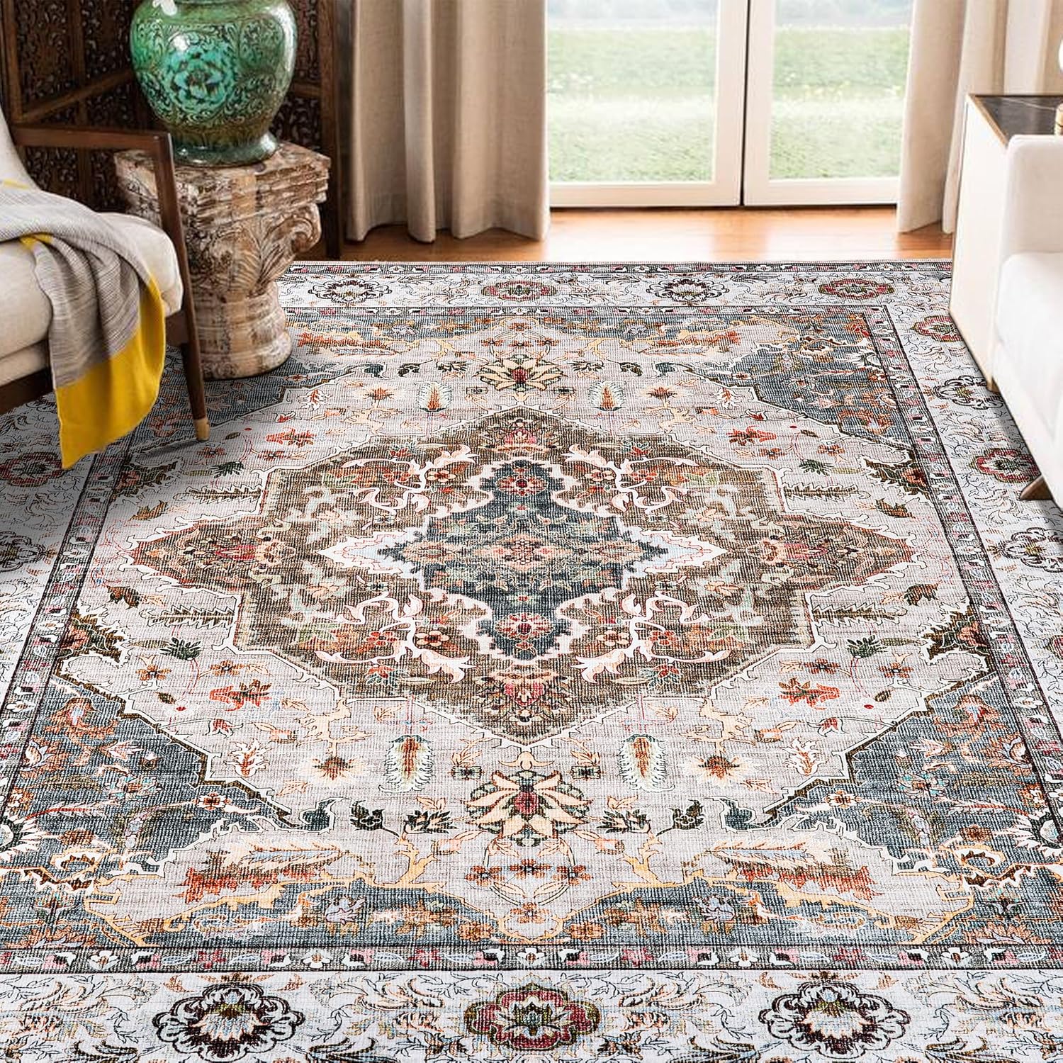 Machine Washable 8x10 Area Rug, Boho Vintage Design Rug for Living Room Soft Rug Indoor Non-Slip, Low Pile, Easy Clean Rug for Kitchen Entryway Bathroom Bedroom Office Carpet