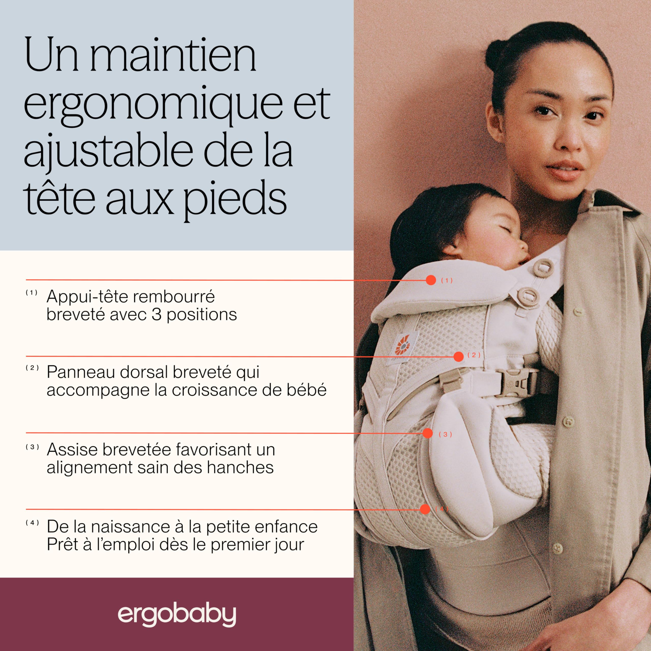Ergobaby Porte Bebe Omni 360 Ergonomique et Physiologique pour Nouveau né, Cool Air Dorsale et Ventral, Onyx Noir