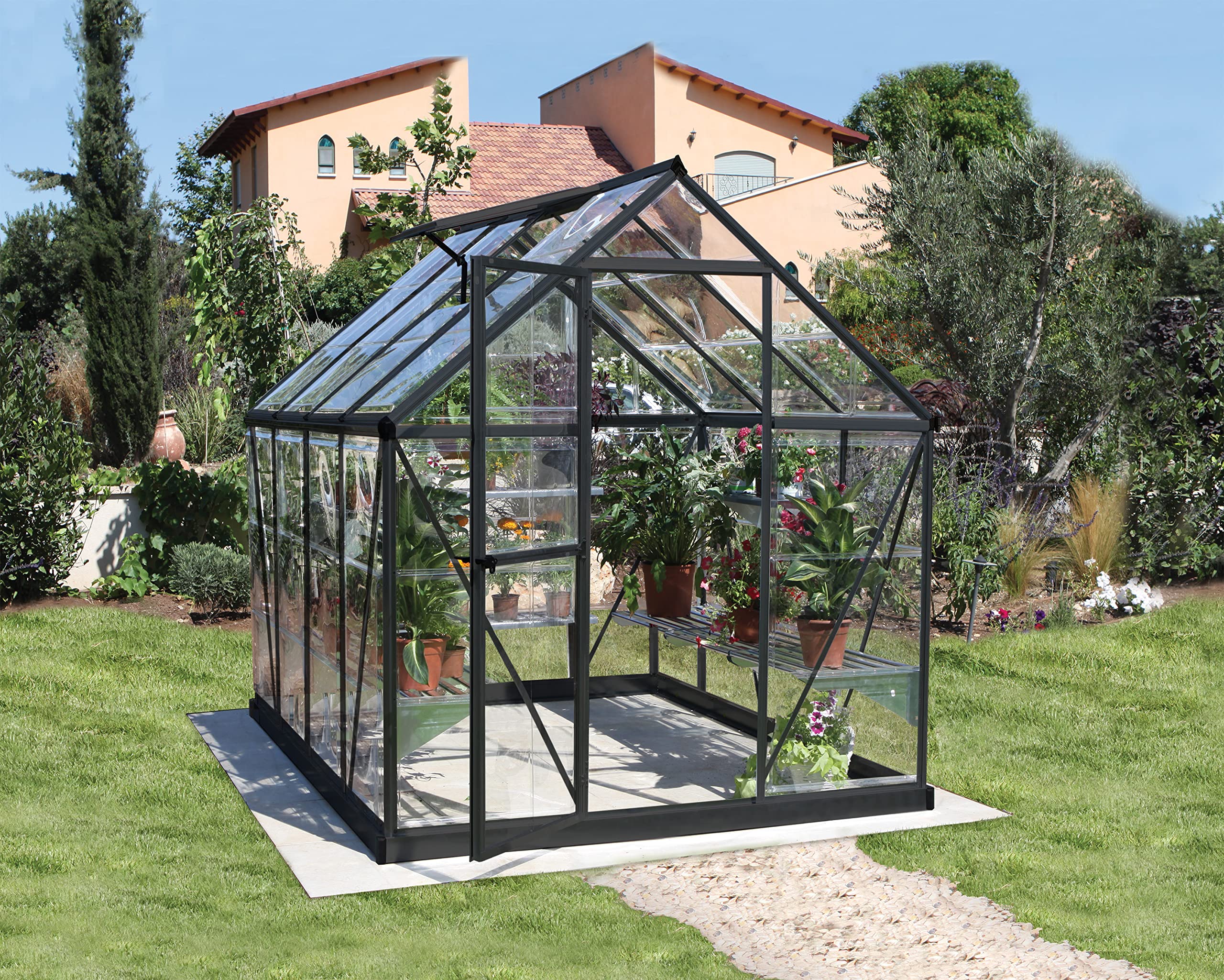 Canopia by Palram - Harmony Serra in policarbonato trasparente, telaio in alluminio, base inclusa, colore: Grigio 1,8 x 2,4 m