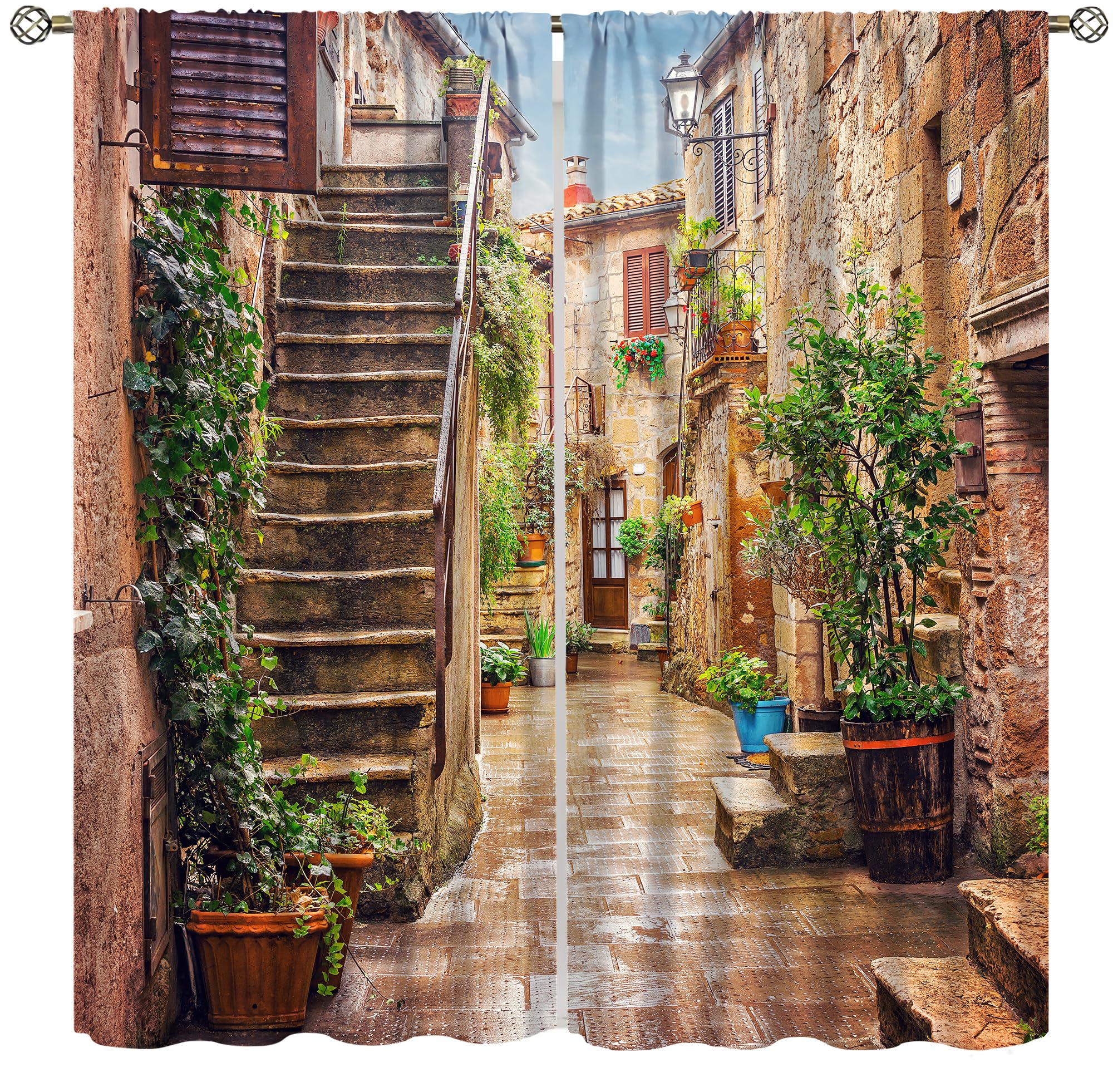 Italian Scenery Blackout Curtain,Stone Rock Houses City Rural Print Window Drapes for Bedroom Living Room Kitchen Cafe Office Decor Thermal Insulated