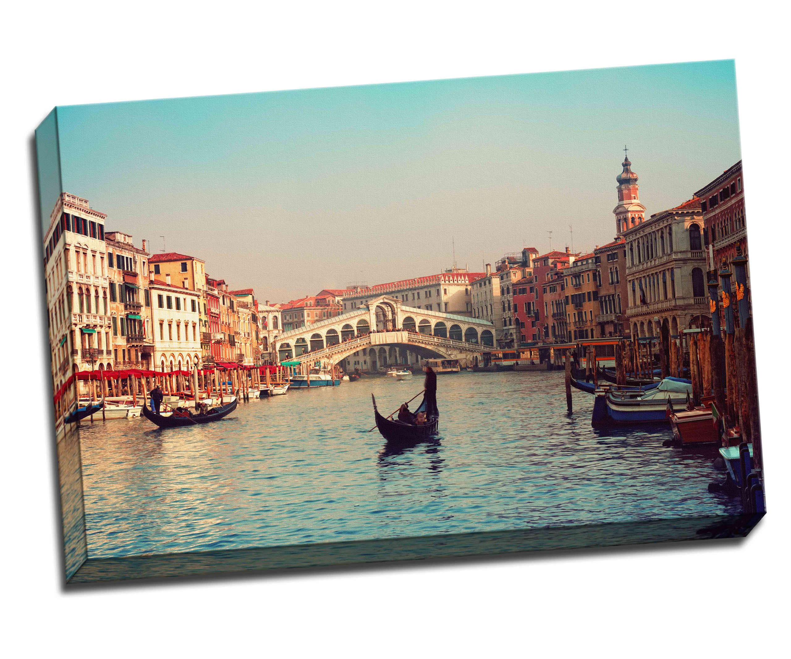 Panther Print Green Rialto Bridge And Gondolas In Venice Landscape Canvas Art Print Poster 30"X 20" Inches