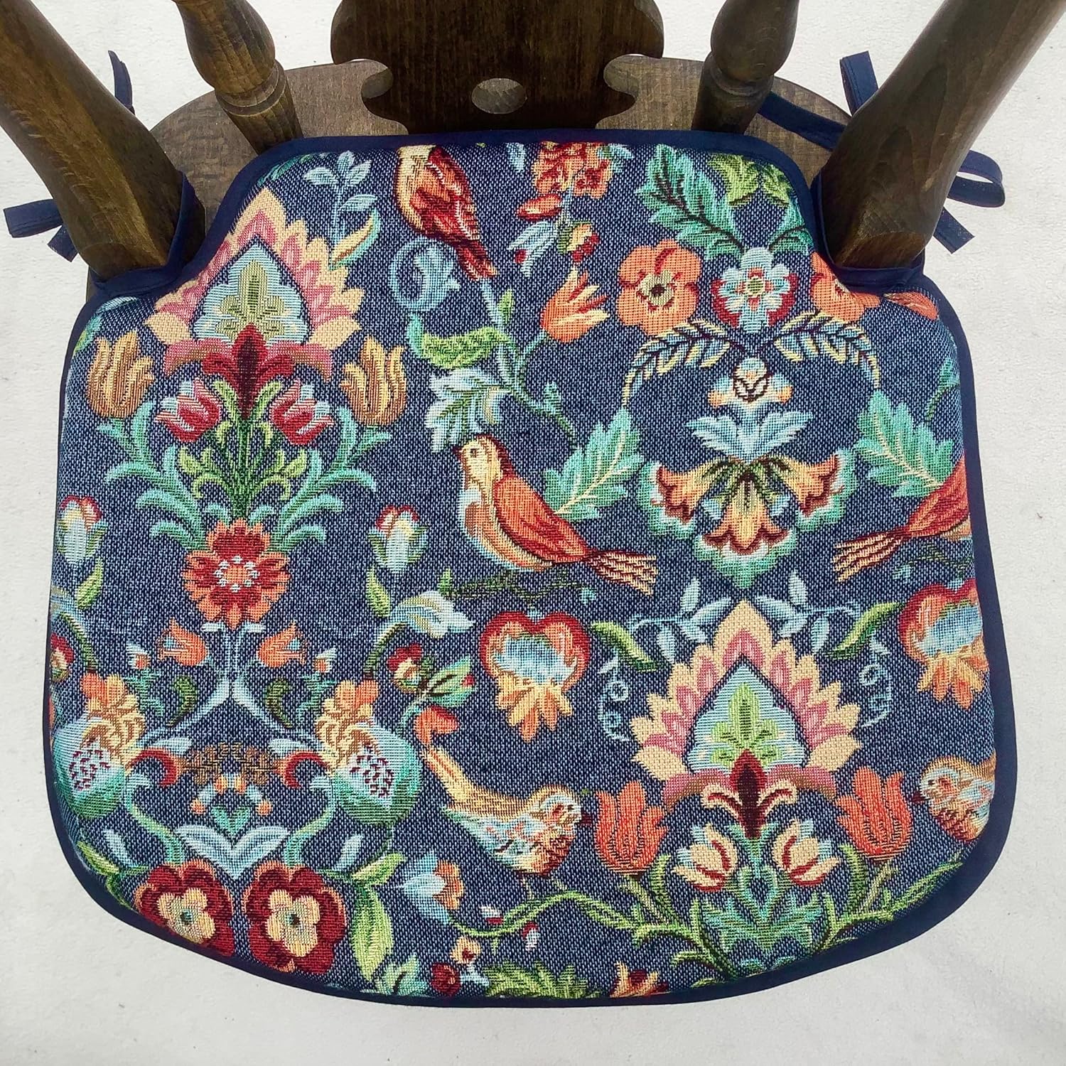 Smaller Spindle Back Chair Seat Pads, Blue William Morris Inspired