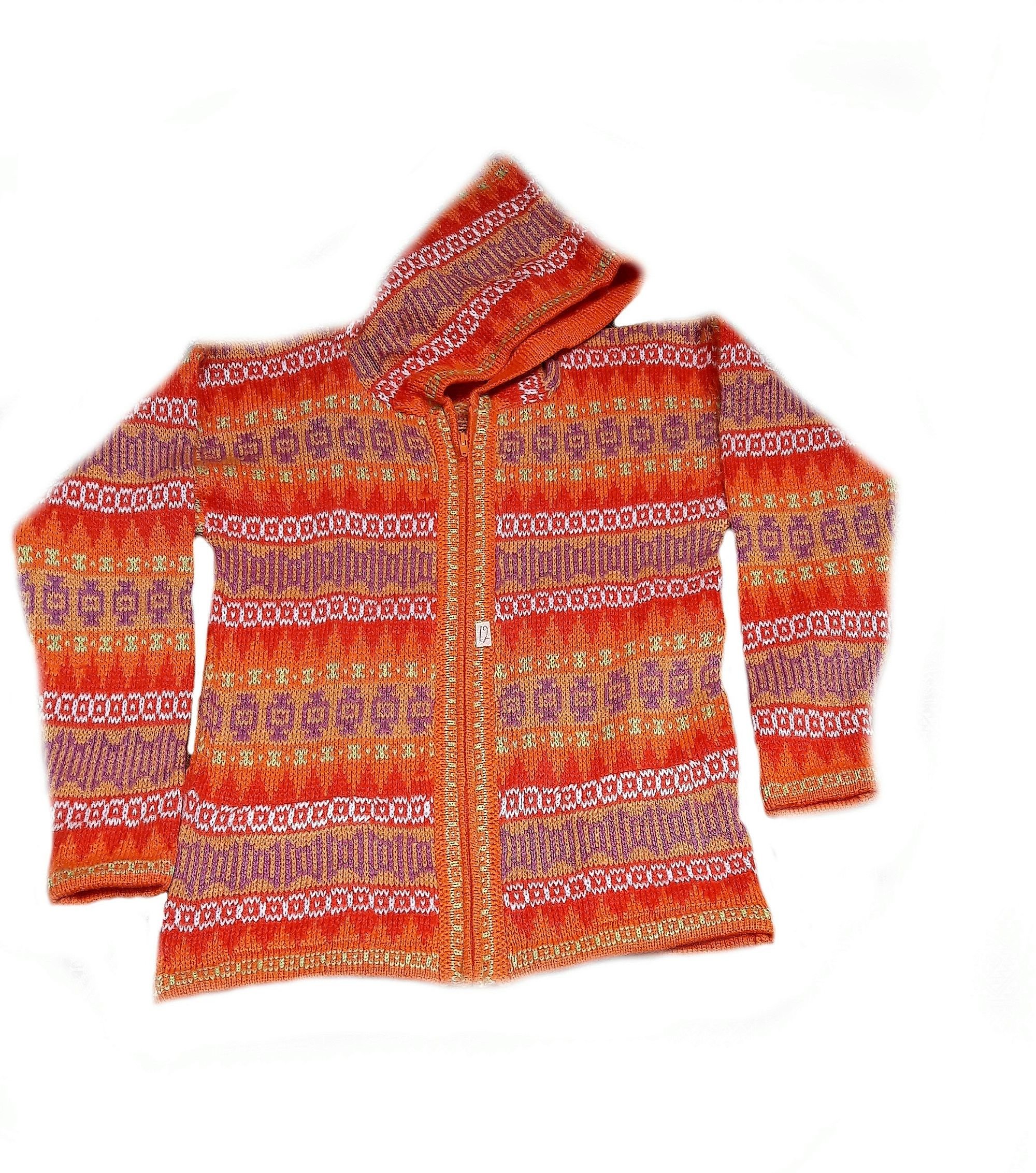 Chaqueta peruana unisex infantil con capucha, lana de alpaca, color rojo y naranja, cremallera 2-6 años