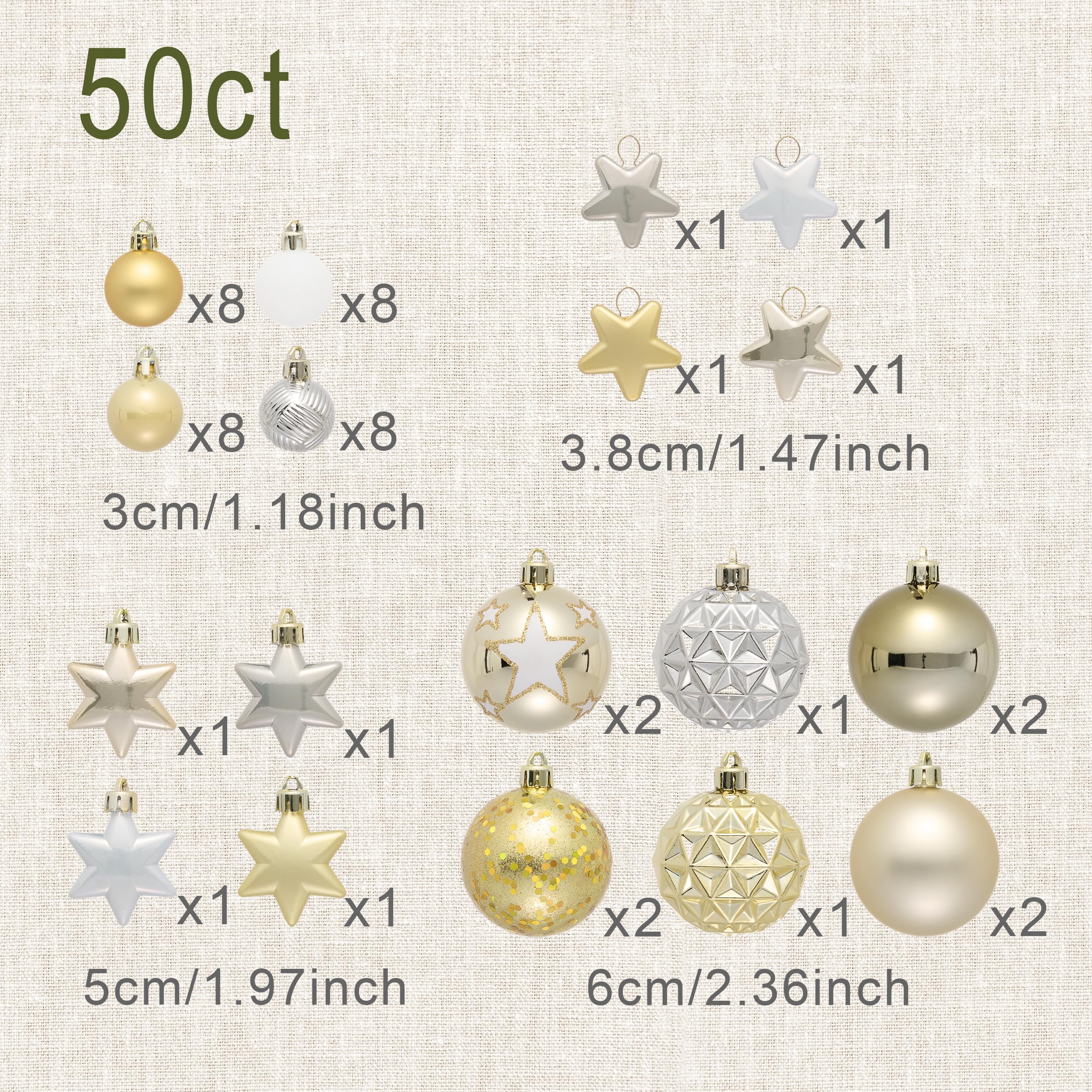 DecorbyHannah Décorations de Noël, décorations de sapin de Noël incassables et modernes sur le thème doré et blanc, 50 carats, boules décoratives à suspendre pour la maison, les fêtes, les vacances