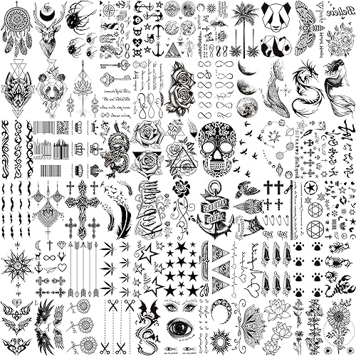 VANTATY 66 hojas de tatuajes temporales negros pequeños 3D para mujeres y hombres impermeables calcomanías de tatuaje falsas para cara cuello brazo