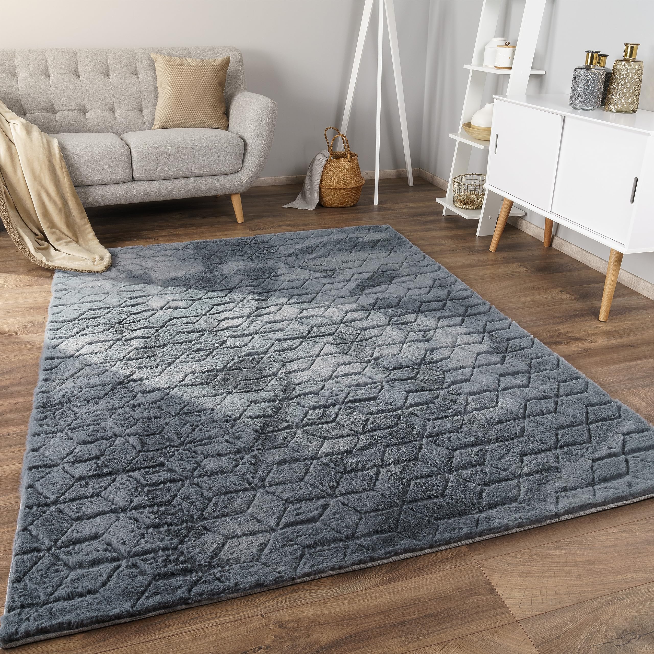 Paco Home Weicher Flauschiger moderner Bubble Wohnzimmer Teppich Hochflor Fell Geometrisches Design Hoch-Tief-Effekt, Grösse:120x160 cm, Farbe:Anthrazit 5