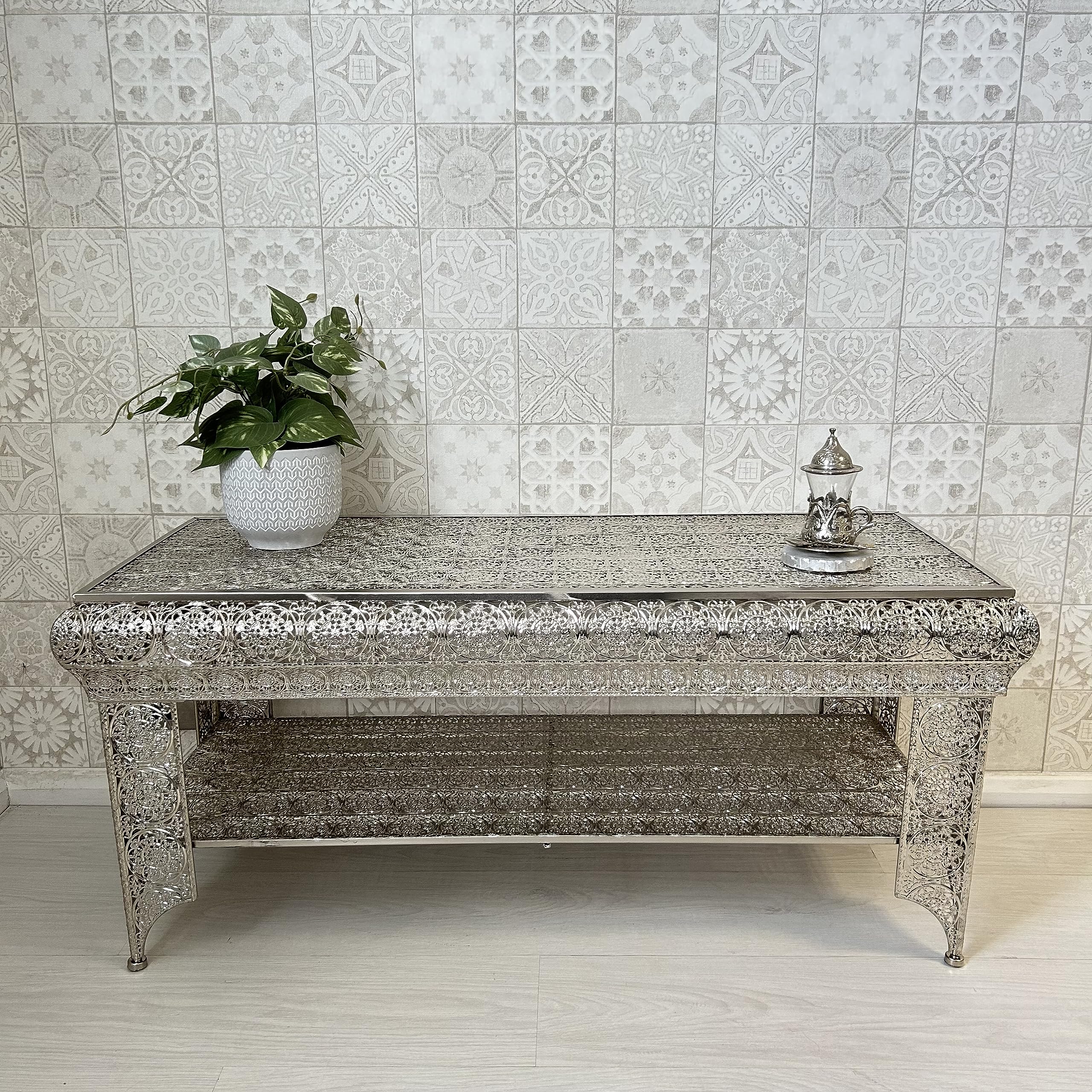 DOWNTON INTERIORS Antique Silver Moroccan Style Embossed Metal Coffee Table with Shelf (GZ418) Part of the AGADIR Collection
