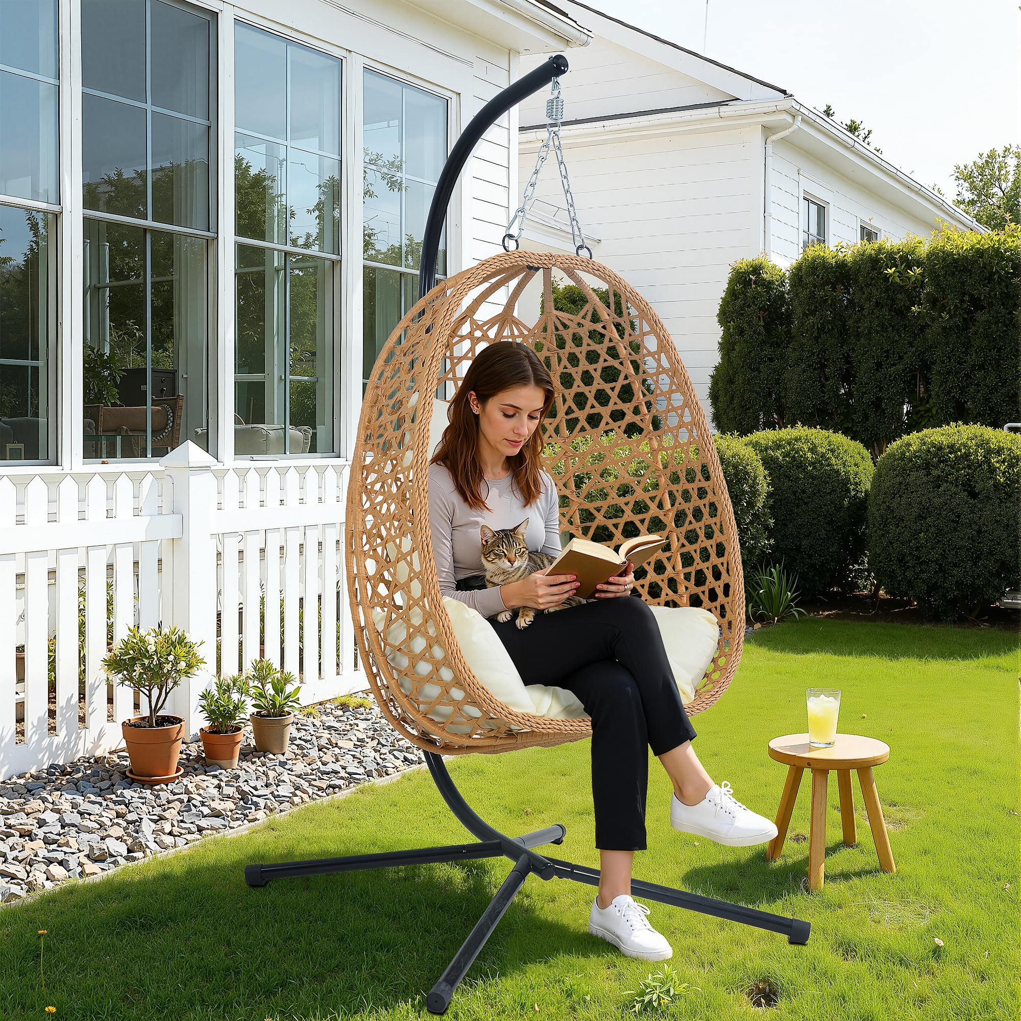 EortheX Hanging Egg Chair with Cushions – Comfortable Rattan Swing Chair with Stand for Patio, Garden, or Balcony – Stylish and Relaxing Outdoor
