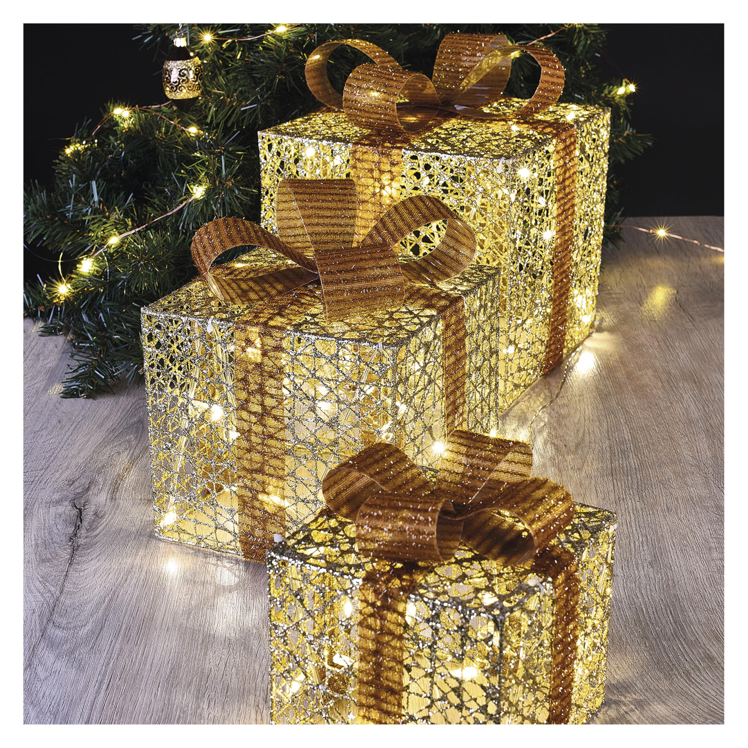 EMOS Goldene LED Weihnachtsgeschenke mit breitem Schleifenband und dekorativer Schleife, 3 Stk Weihnachtsdekoration, Warmweiß, 3m Kabel, IP20 für Innenbereich, Gold