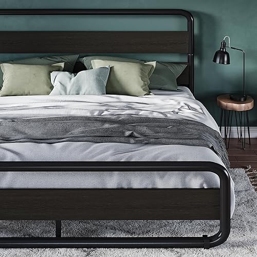 Allewie Base de cama de metal tamaño King con cabecero y estribo de madera curvos, plataforma de hierro resistente con almacenamiento debajo de la