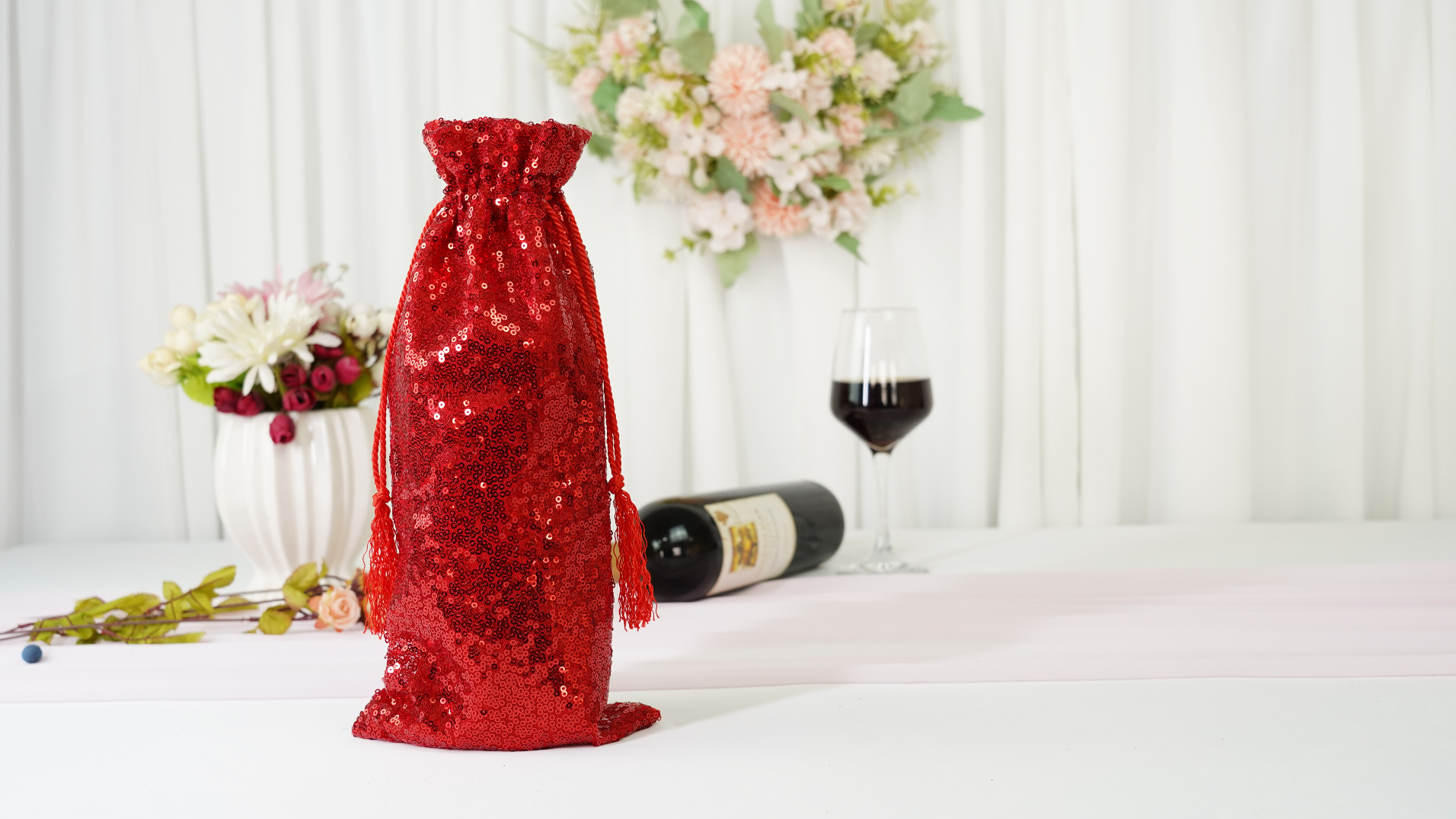 Rose Gold Sequin Wine Gift Bag - 4 Pack Reusable Sparkly Bags For Wedding, Birthday, Party Favors