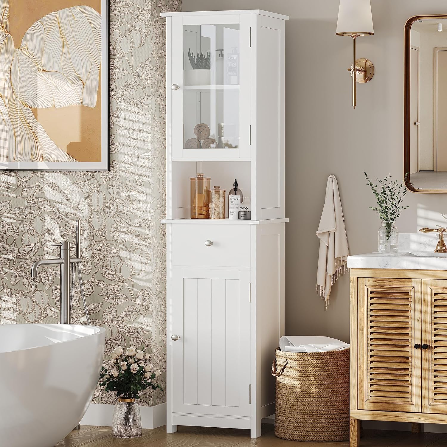 Amazon.com: Rovaurx Tall Bathroom Floor Cabinet with Glass Doors ...