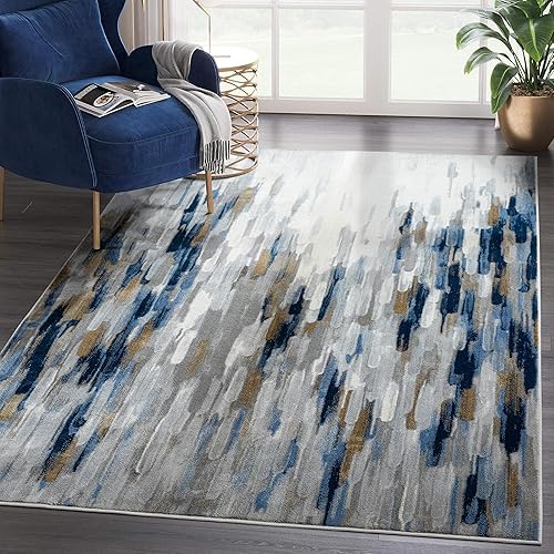 Abani Porto Collection - Alfombra de área, diseño abstracto grisazul, 4 x 6 pies, fácil de limpiar, duradera para niños y mascotas, no desprende