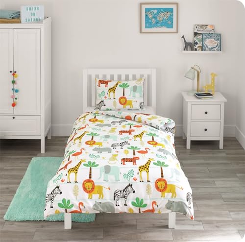 Bloomsbury Mill - Housse de Couette 140x200 Enfant - Imprimé Animaux de la Jungle/Aventures en Safari – Parure de Lit Enfant Réversible avec Taie...