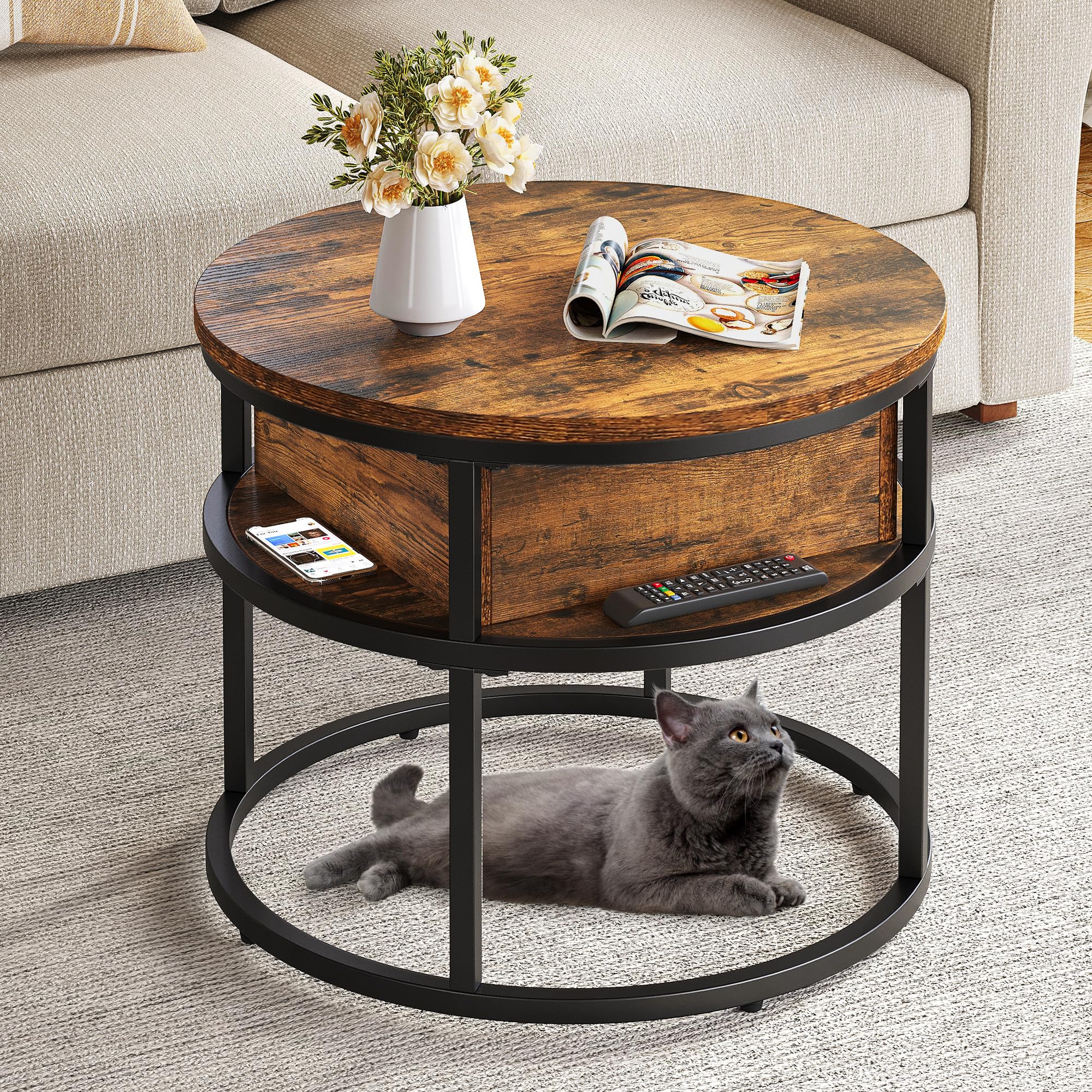 YITAHOME Tavolino Salotto Sollevabile, Tavolo da Caffè Rotondo con Scomparto Nascosto, Tavolino Soggiorno Moderno 60x60x47cm