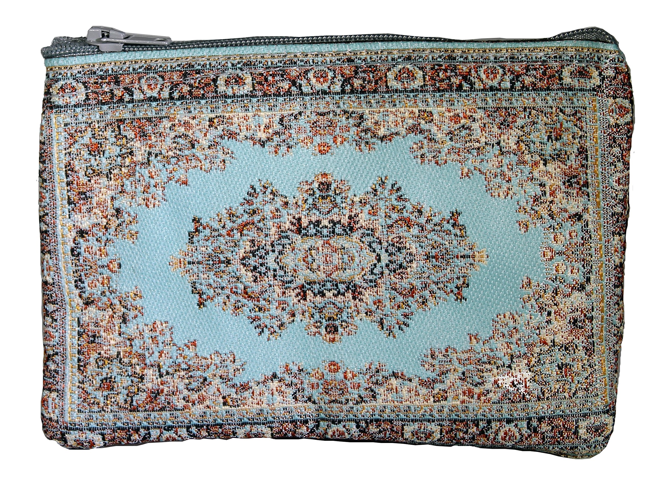 Unique Woman Coin Purse Wallet- Card Case - Floral Design - Fabric Oriental Rug (Turquoise) By Wovenrugs