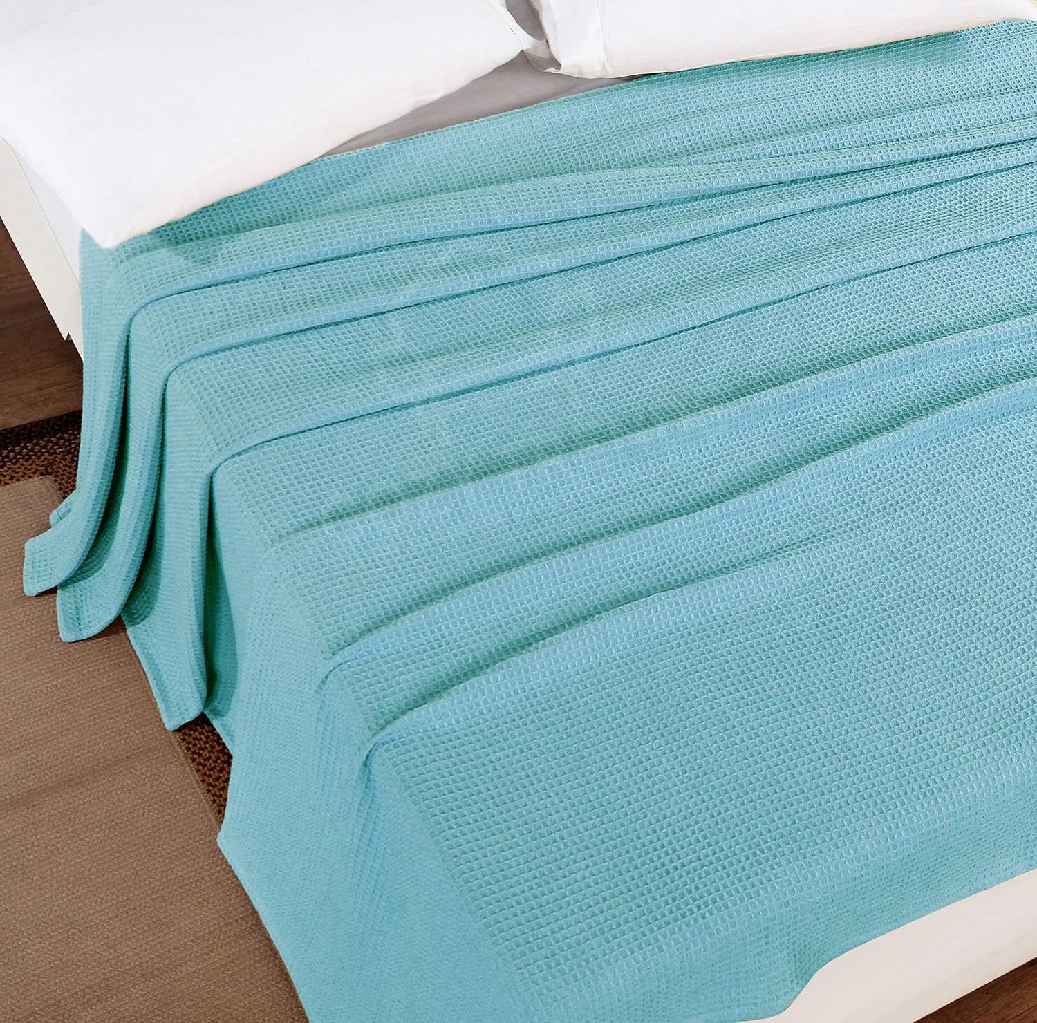 Luxurious Combed Cotton Waffle Weave Super Soft, Cozy Warm, Breathable, Stylish, All Season Thermal Blankets Twin/Full/Queen/King (Blue, King)