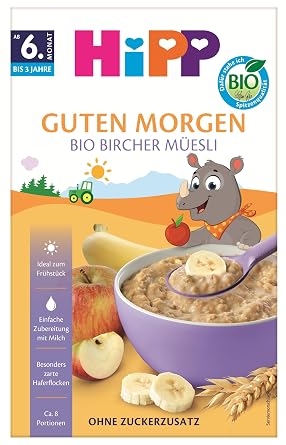 HiPP Organic Fruit Muesli (8 x 200 g) from 10 Months with Valuable Whole Grain Cereal No Added Sugar No Raisins Especially Fine Pieces - Easy to Chew Ideal for First Self-Testing Trials