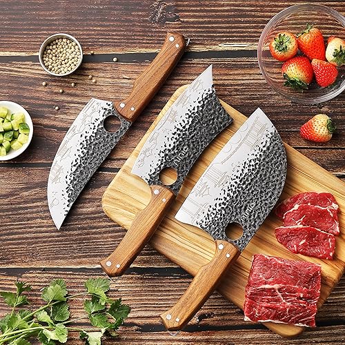 Miniatura 6 de Juego de 3 cuchillos de carnicero, cuchillo de carnicero de 7 pulgadas, cuchillo de chef serbio de 7 pulgadas y cuchillo vikingo de 6.5 pulgadas,