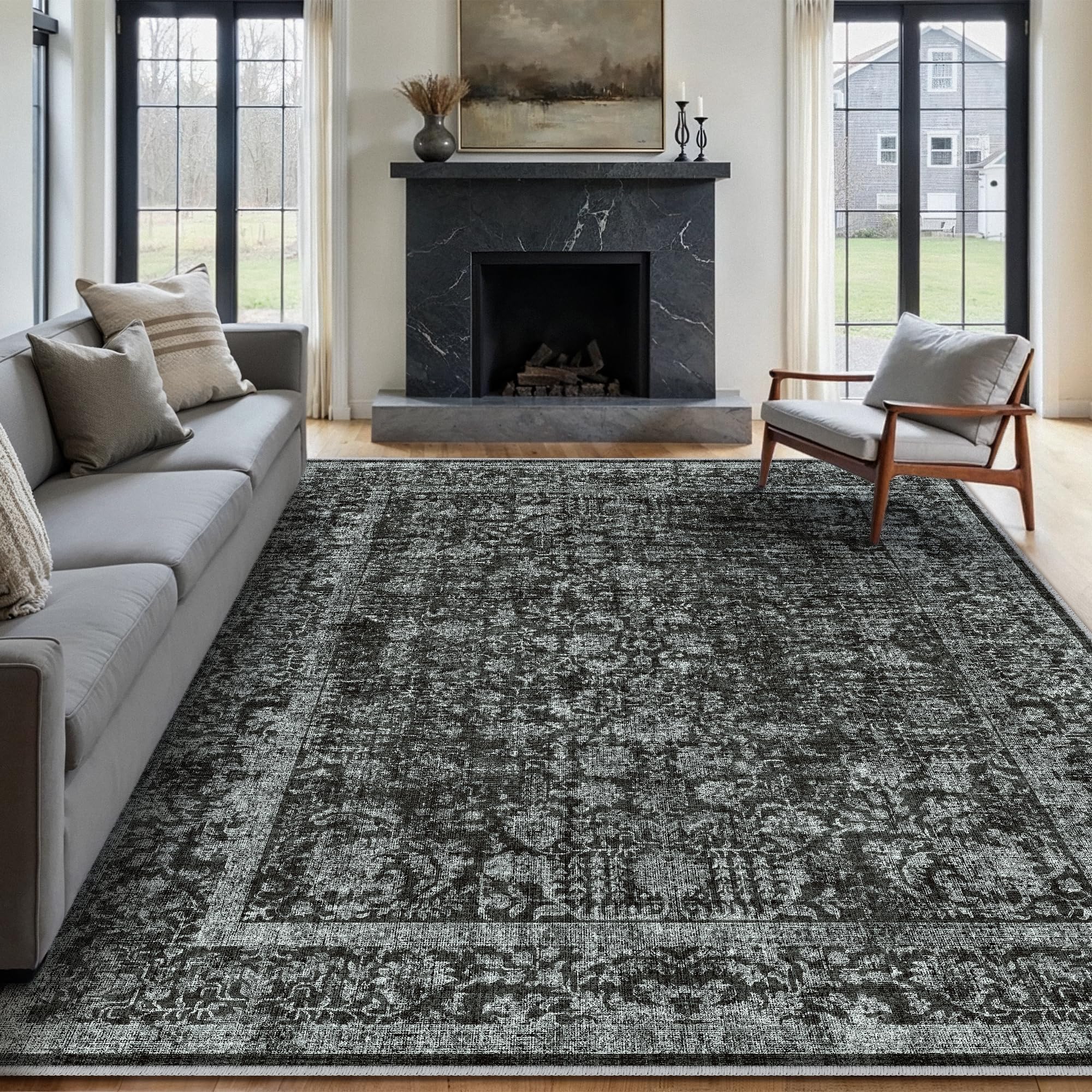 HUGEAR Vintage Black Rugs Living Room Washable Non Slip Large Area Rug 240x300cm Bedroom Kitchen Hall Lounge Office Dining Room Indoor Carpet Low Pile Big Carpets โ image 1