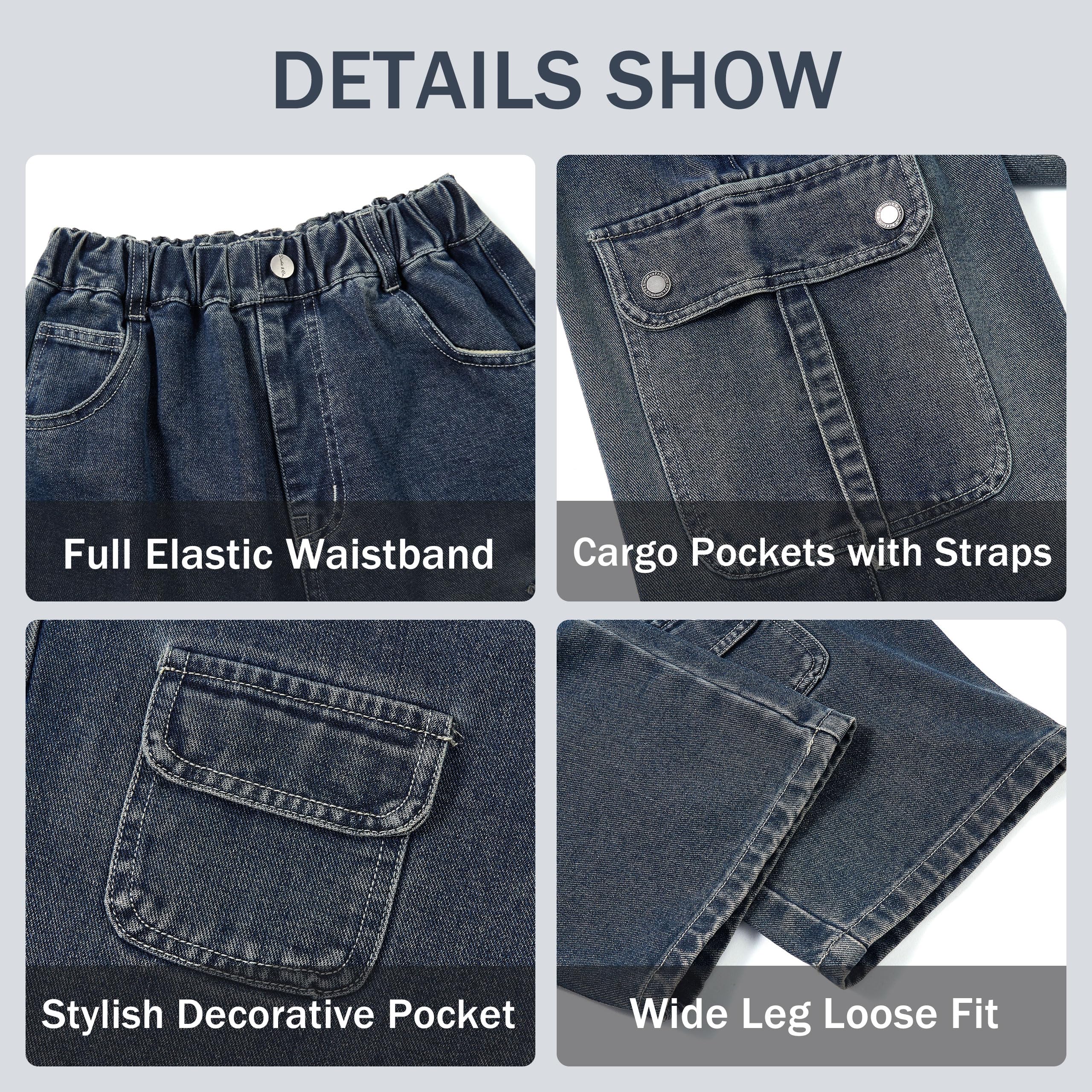 Rolanko Jeans Larges Garçons, Jogger Cargo en Denim à Jambe Évasée avec Multiples Poches, Pantalon à Taille Élastique pour Enfants