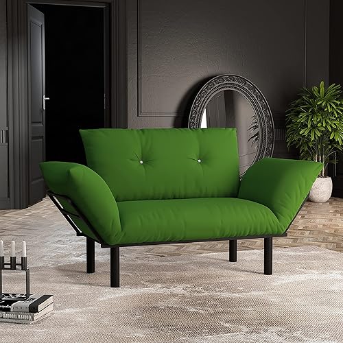 HT Design Extra Wide Modern Loveseat Futon for Living Rooms and Bedroom, Removable Back and Seat Cushion, Small Size Furniture for Guest Room Studio Apartments, Khaki Green