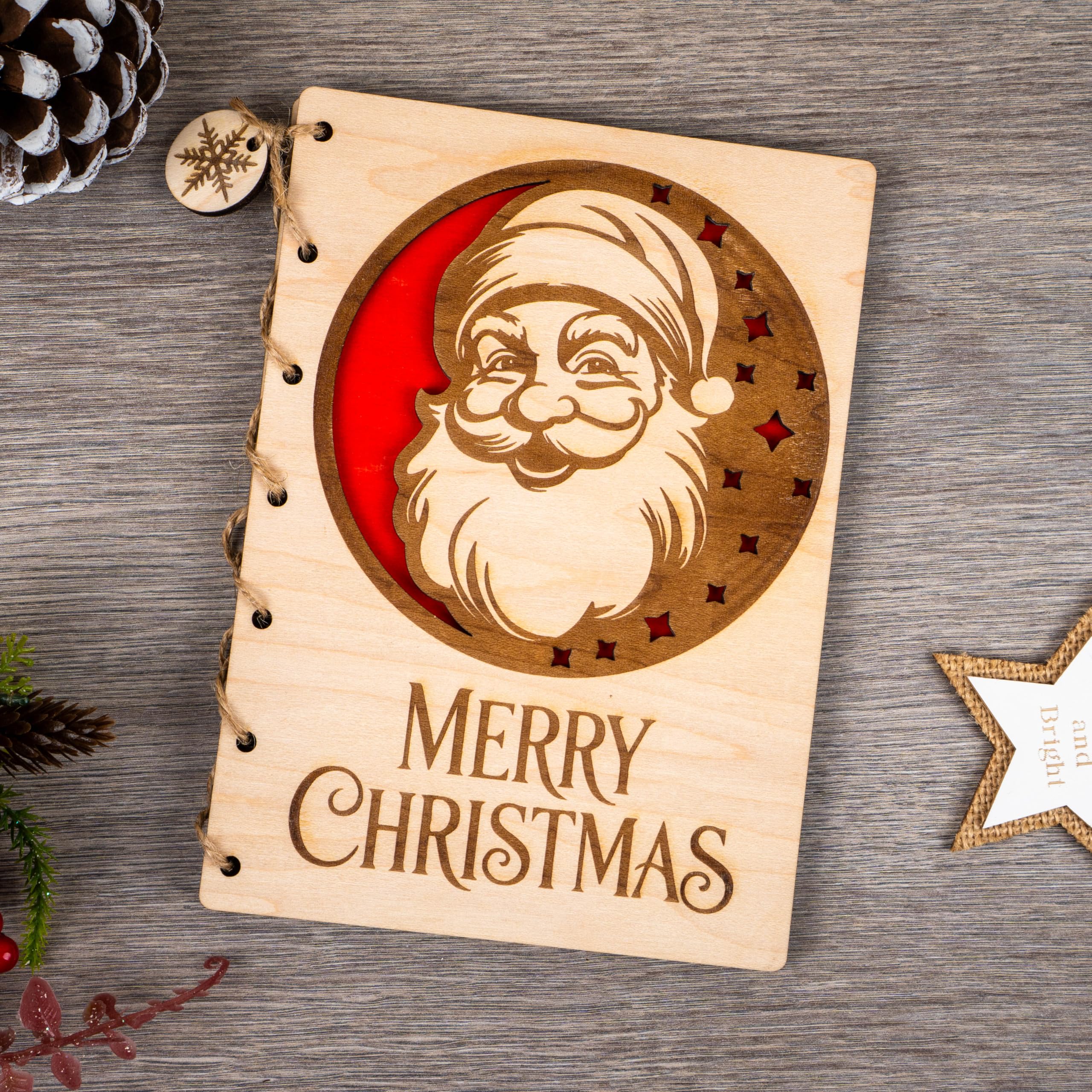 Personalised Wooden Christmas Card - Engraved Santa Keepsake Card with Option for Custom Message - Unique Christmas Gifts for Her, Him, Wife, Couple - Includes Envelope