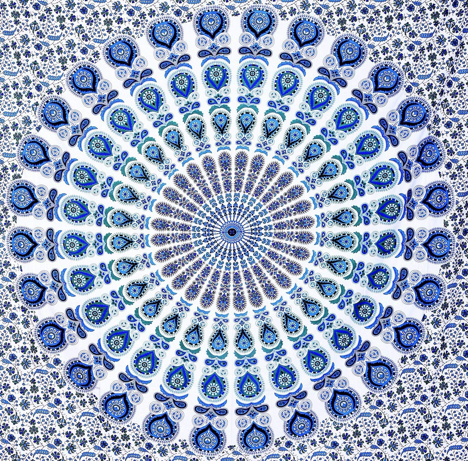 GLOBUS CHOICE INC. Blue Cotton Intricate Floral Designs Indian Traditional Queen Hippie Mandala Picnic Bohemian Boho Tapestry Bedspread Magical Thinking Large Tapestry