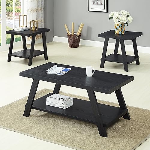 Roundhill Furniture Atenas Juego de mesa de café de 3 piezas de estante de madera contemporánea, negro Negro -,Carbón,Carbón y gris,Espresso,gris y