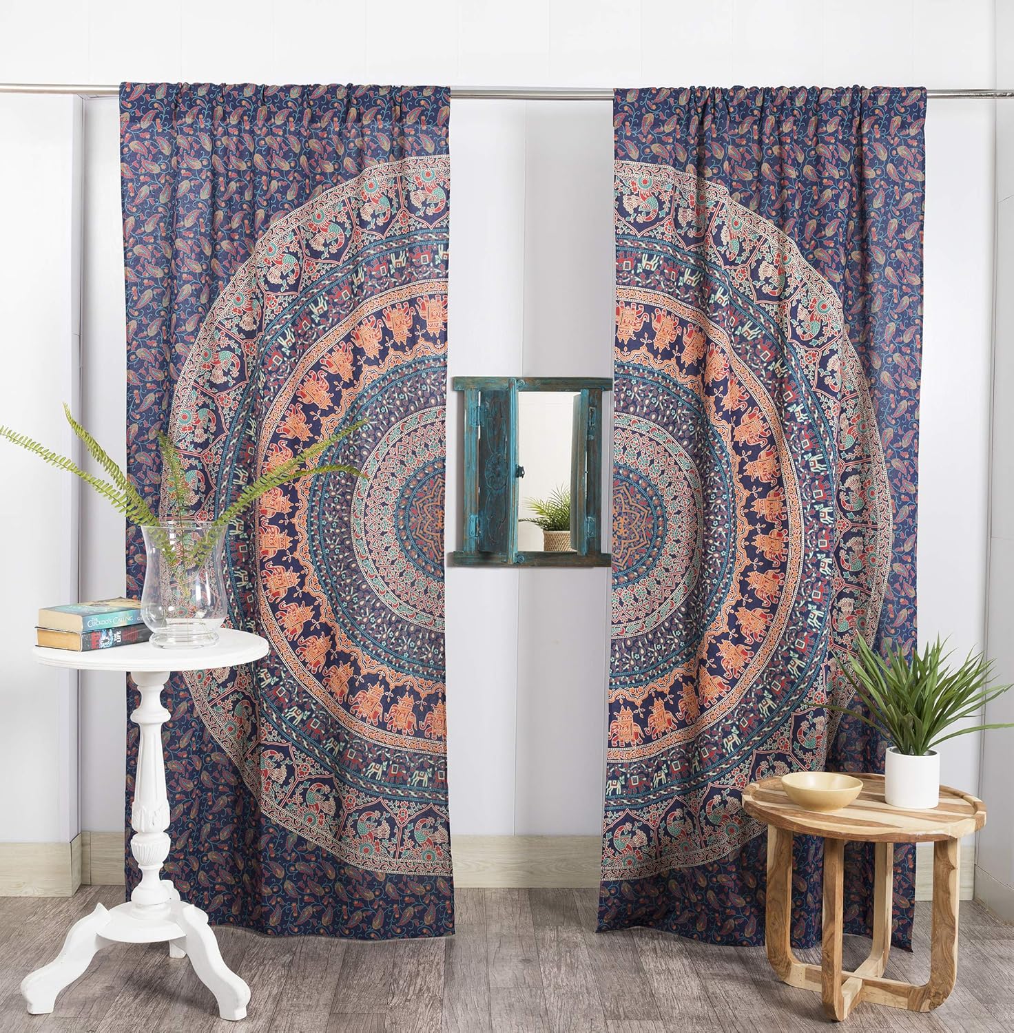 Popular Handicrafts Indian Elephant Hippie Bohemian Beautiful Peacock Mandala Window Curtain Panels Blue