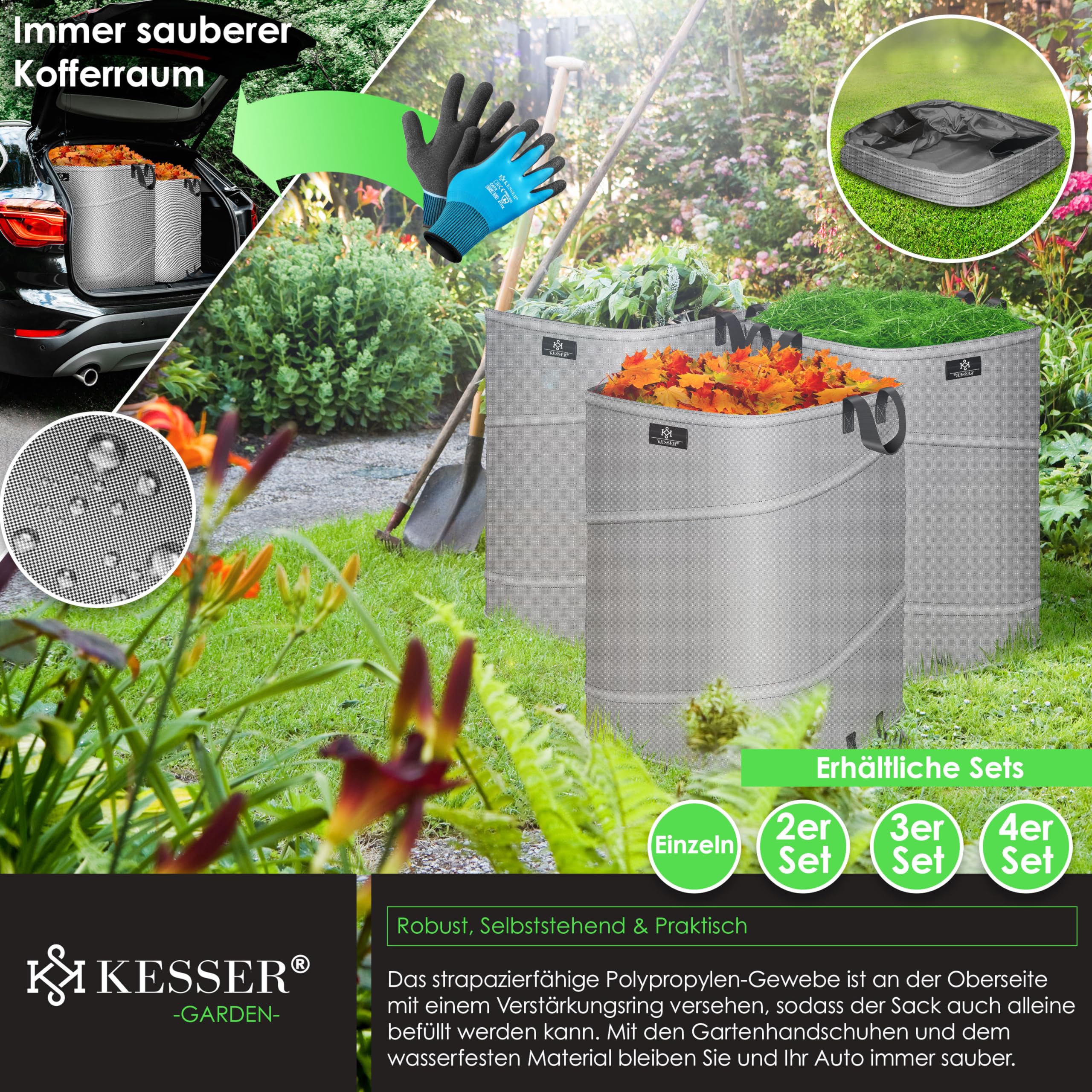 KESSER® Set di Sacchi da Giardino Pop-up - 4x 175 Litri, Sacco per Rifiuti da Giardino con Guanti, Autoportante con Maniglie, Robusto, Robusto e Richiudibile, Grigio/Nero