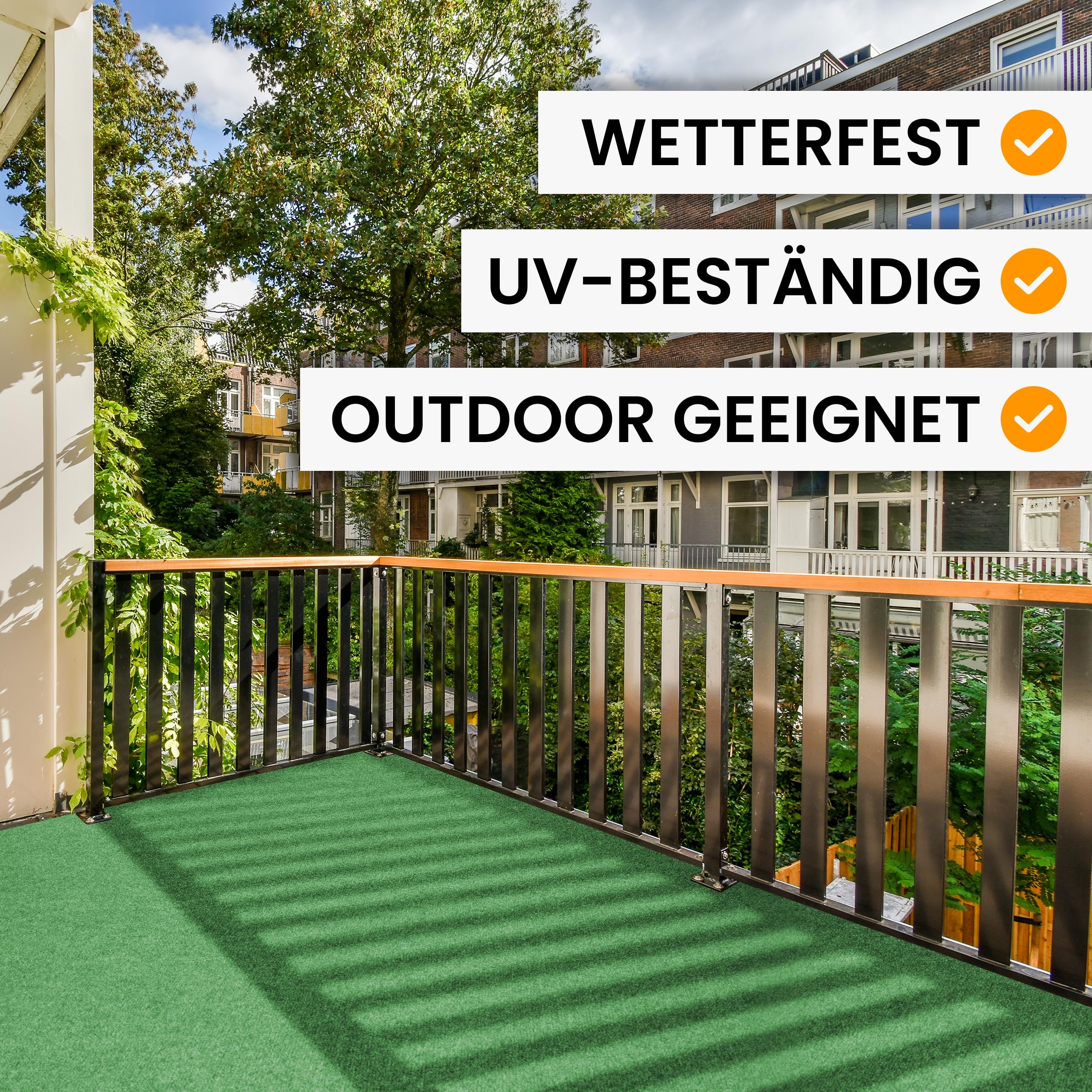 Rasenteppich Outdoor für Balkon (Grün, 200x350) - Kunstrasen Meterware als Balkonbelag wasserfest & wetterfest - Kunstrasenteppich Outdoor & Indoor - Idealer Bodenbelag für den Balkon