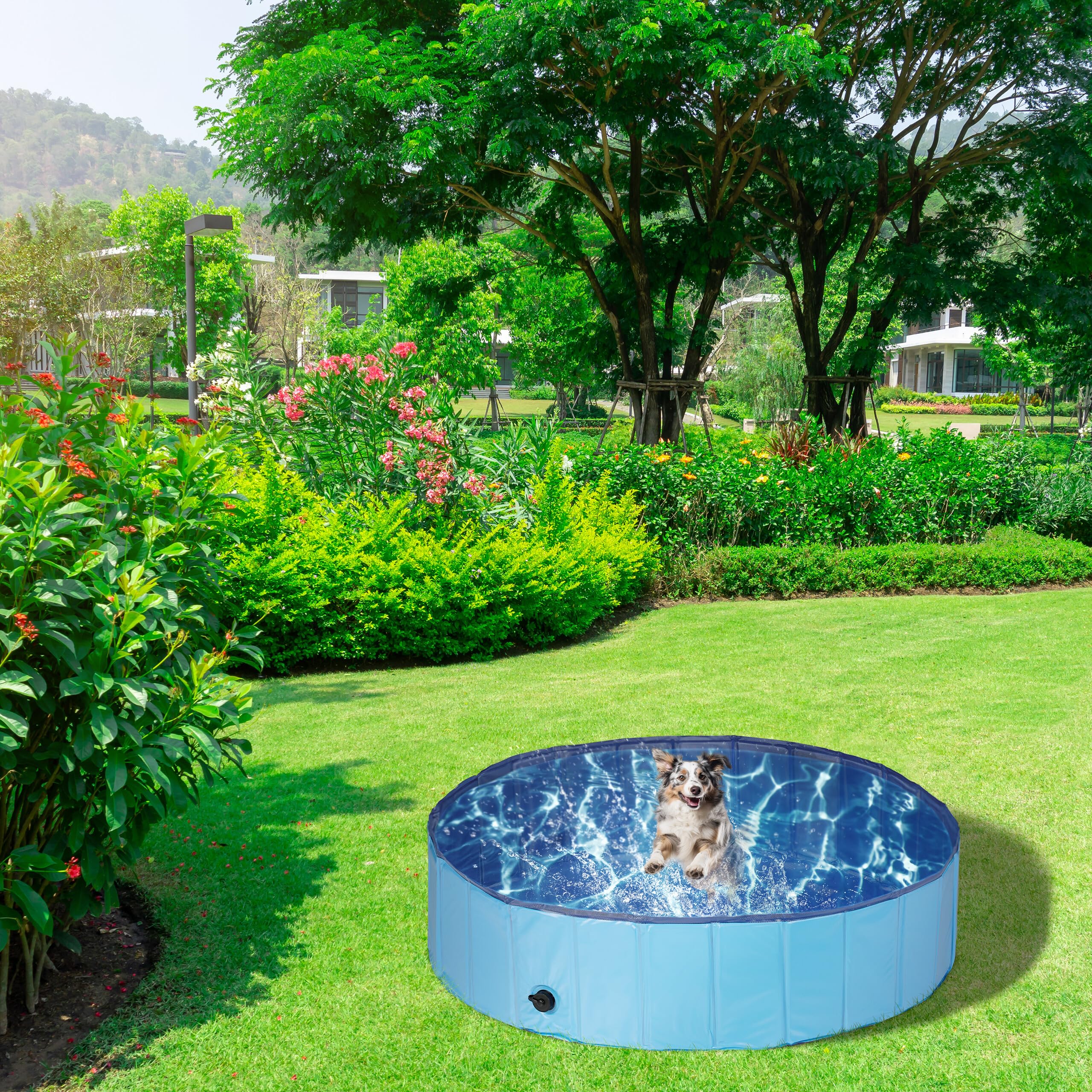 Relaxdays Piscine pour Chien, avec Valve, Pliable, 30 x 120 cm, pour rafraîchir Votre Animal, PVC & MDF, Bleu