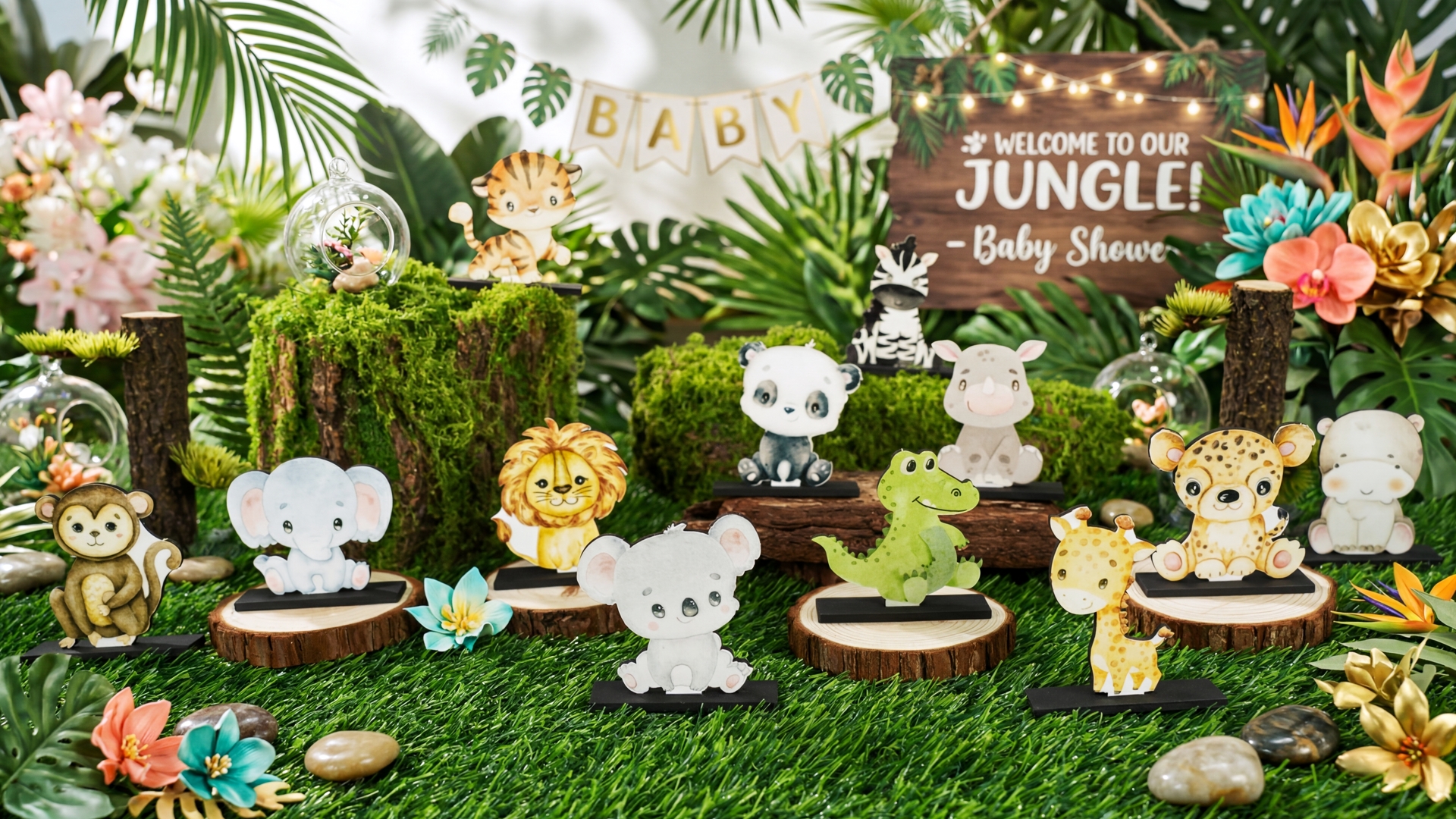 Set Decorazioni Per Baby Shower Tema Safari, 100 Adesivi Animali Selvatici + Cartello 'Don't Say Baby' E Supporto, Gioco Per Feste