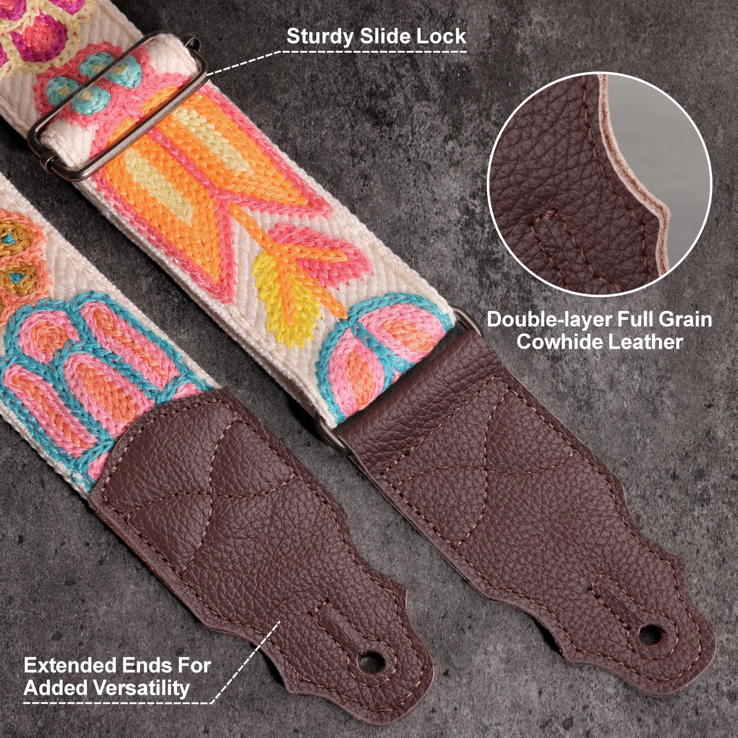 YIKOKO Guitar Strap 2", Soft Woolen Knit, Cowhide Leather End, for Acoustic and Bass Electric Guitars Free Button - Image 2