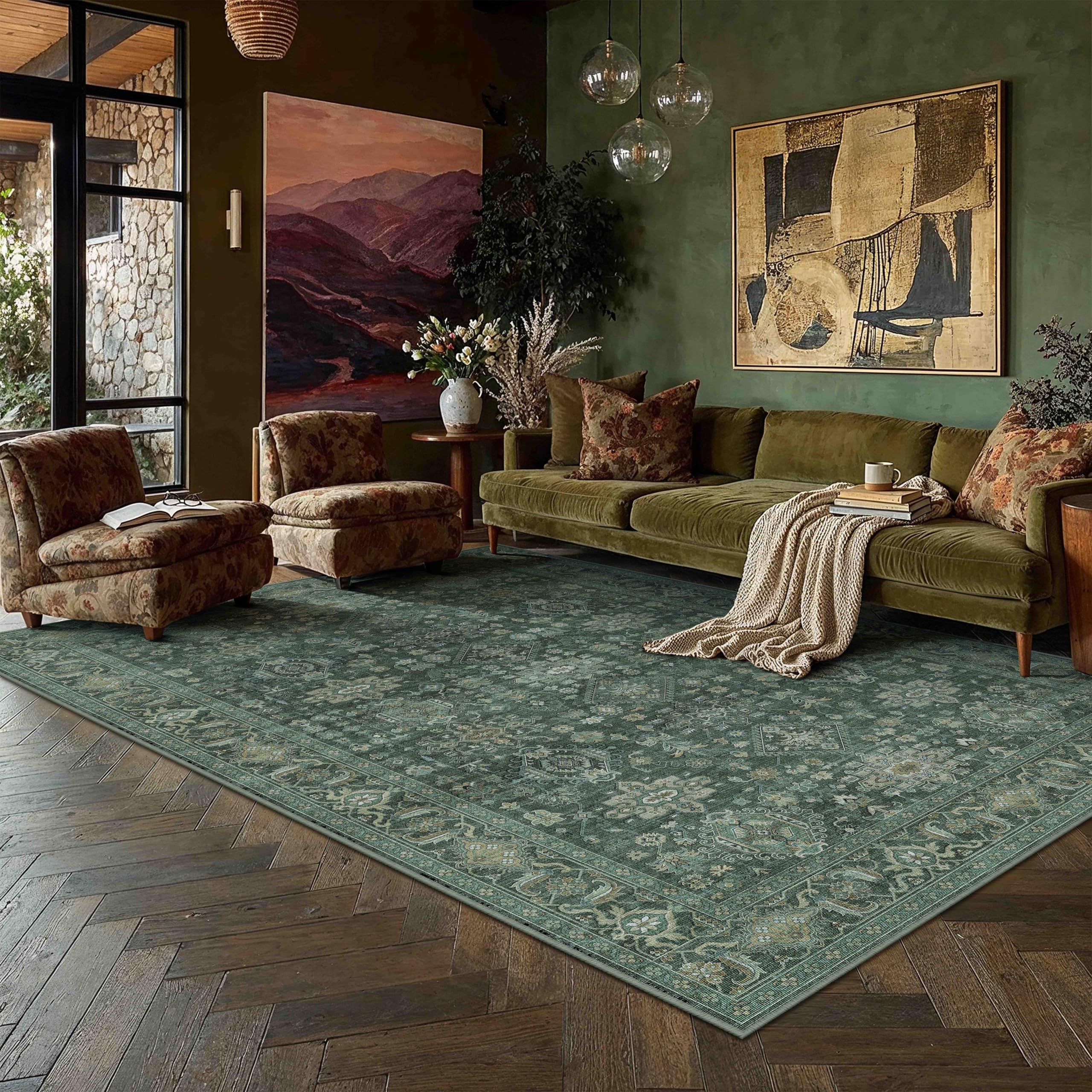 PureCozy Vintage Living Room Rug 140 x 200 cm Green Washable Non Slip Lounge Area Rugs Bedroom Bedside Large Soft Low Pile Carpet Office Dining Rooms Hall Indoor Carpets — image 1