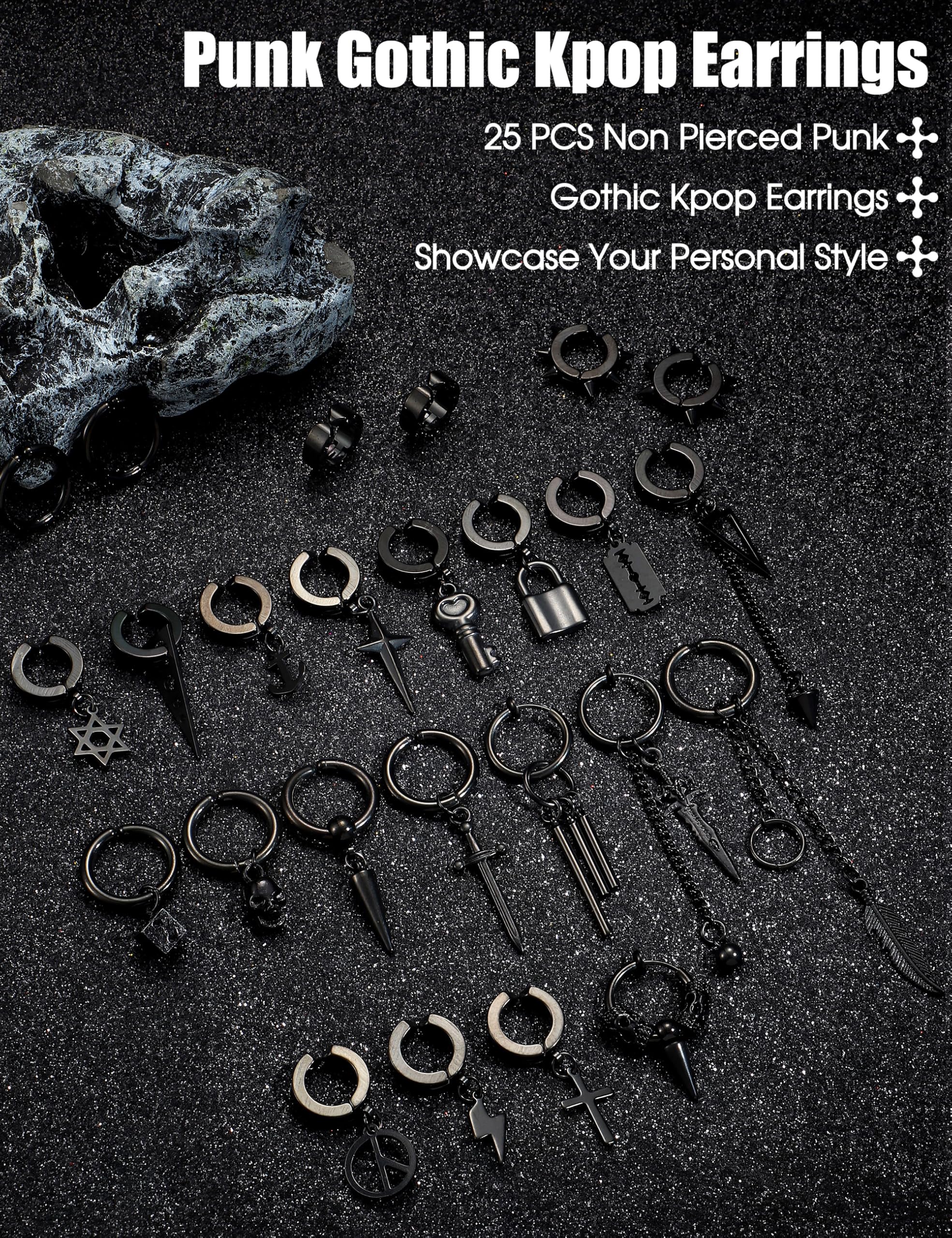 Diamday 25 Pezzi Clip Orecchini per Uomo Acciaio Inossidabile Croce Catena Orecchini Dangle Nero Huggie Cerchio Orecchini Non Pierced Punk Gotico Kpop Orecchini Set