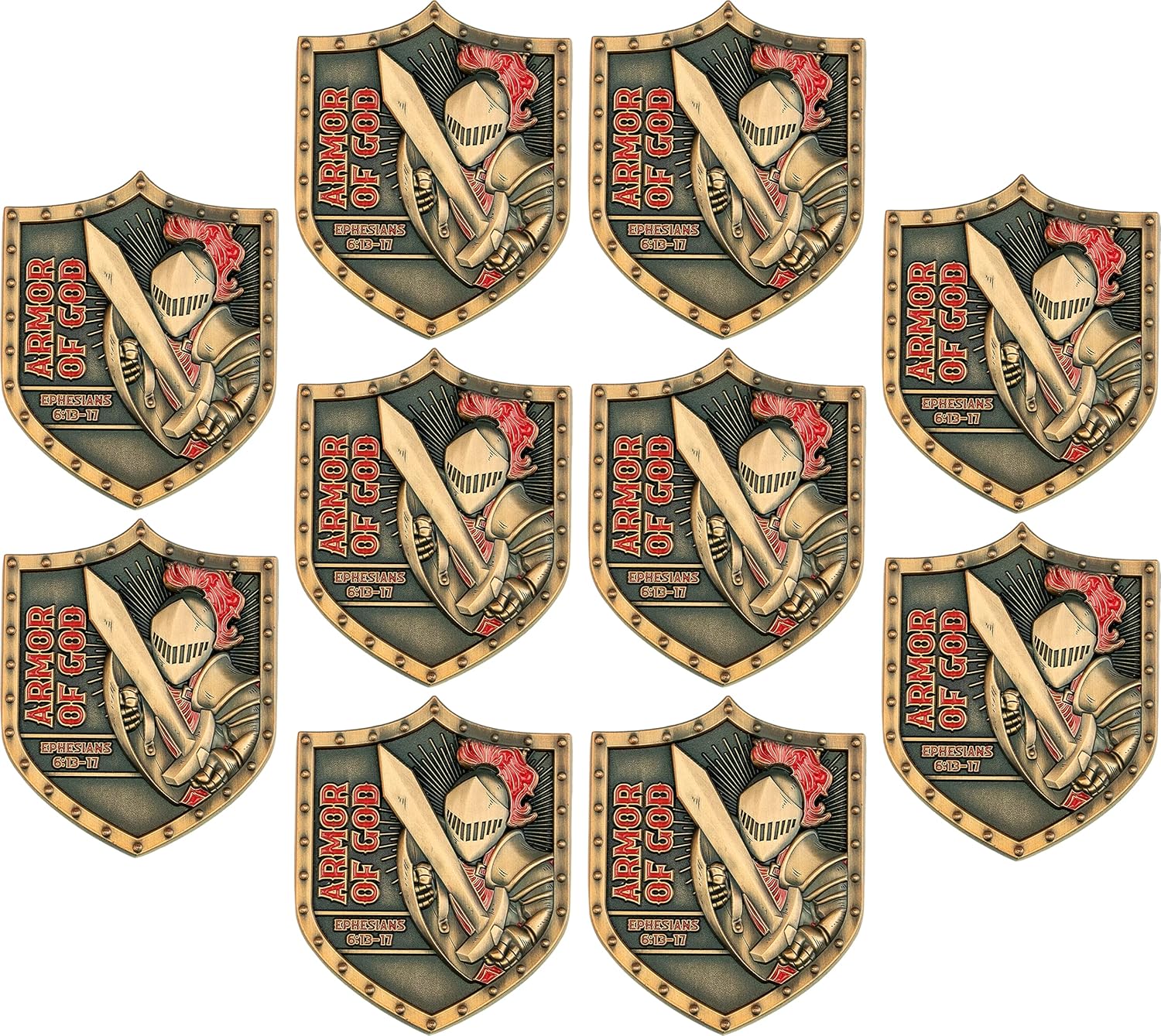Armor of God Challenge Coin Bulk Pack of 10, Commemorative Military Souvenir Coins, Knight Templar Shield Religious Pocket Prayer Token of Faith for Army, Navy, & Marine Veterans