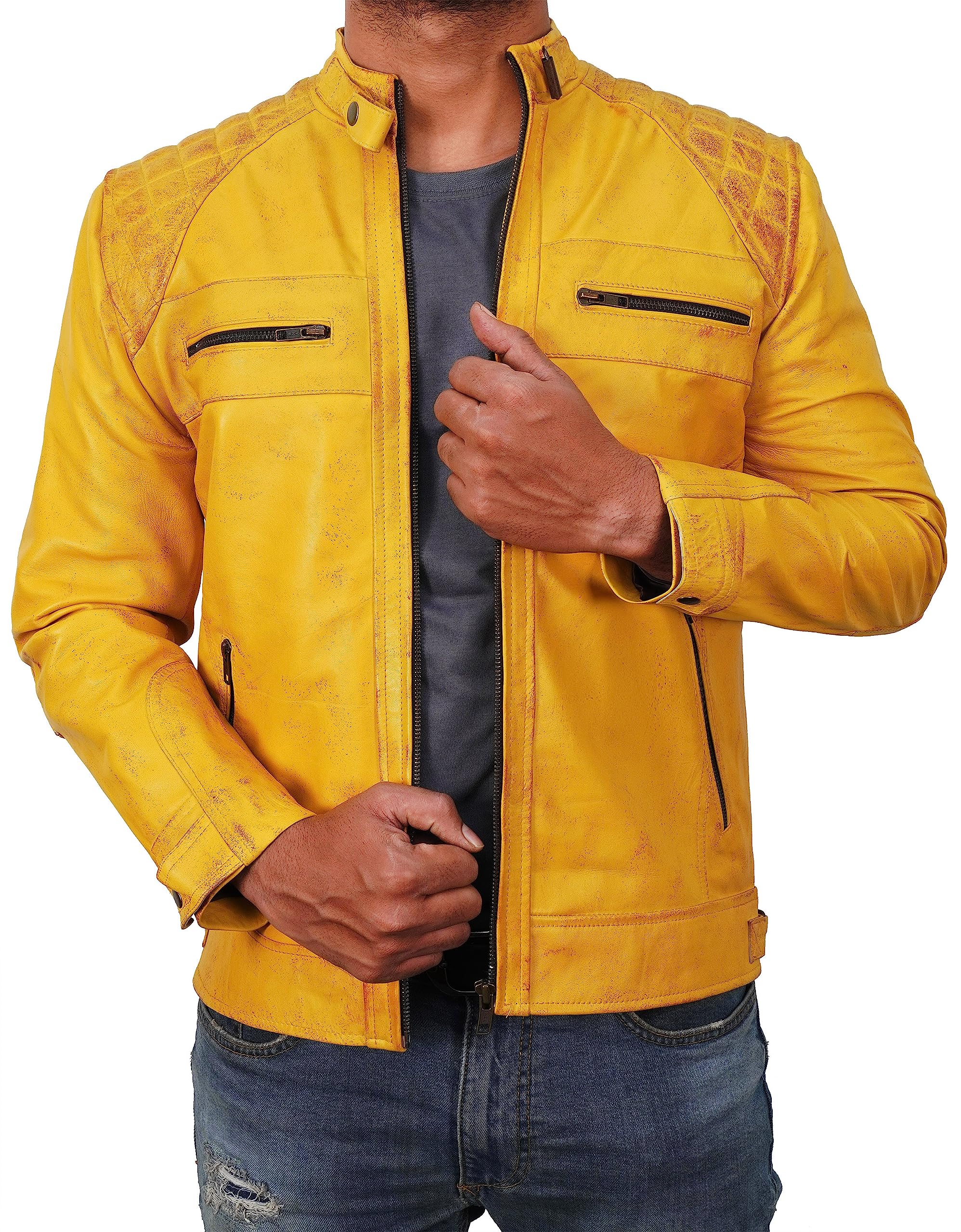 Mens Vintage Retro Biker Cafe Racer Diamond Quilted Leather Jacket