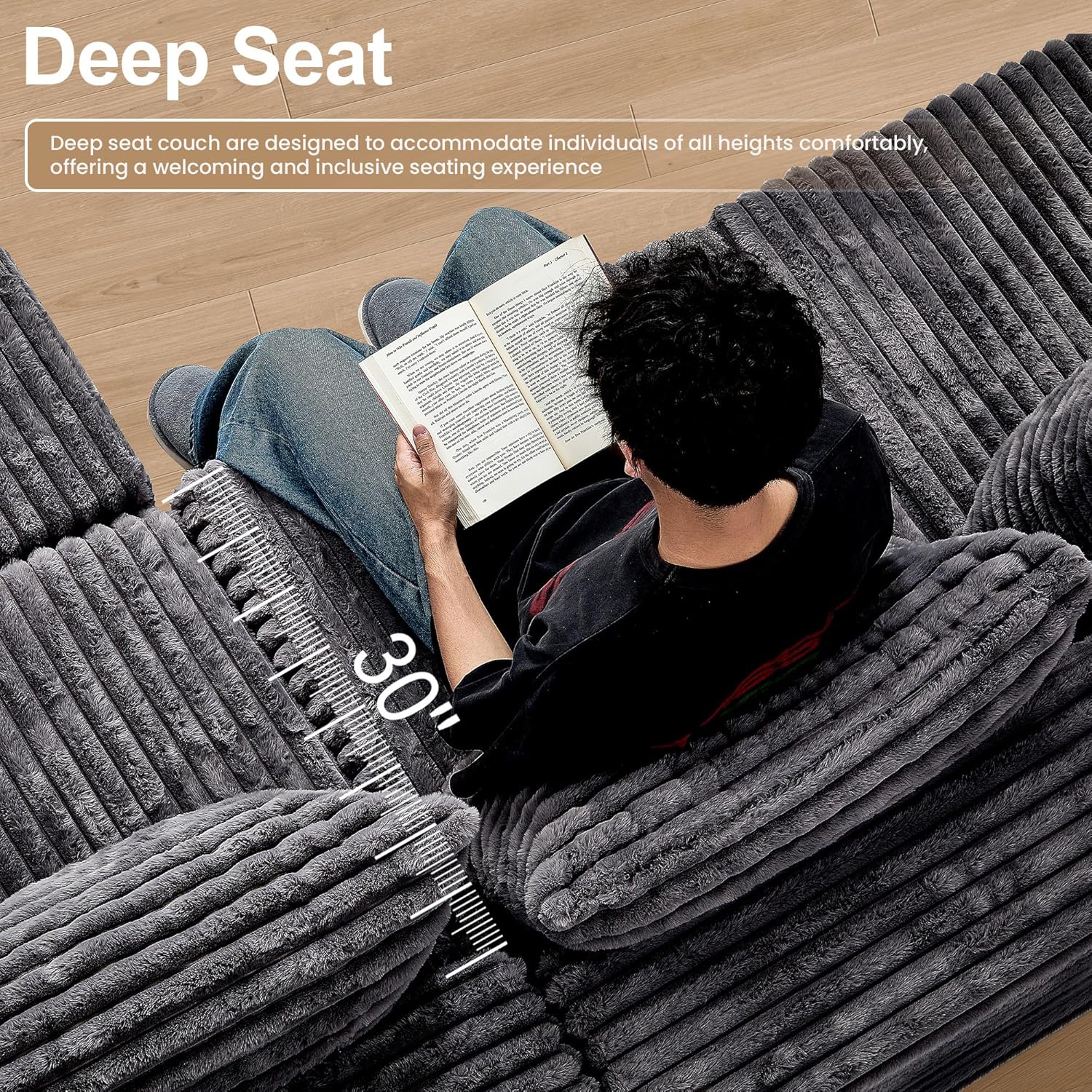 Oversized Boneless Couches for Living Room, U Shaped Cloud Sectional Couch with Deep Seat, No Assembly Corduroy Modular Sectional Sofa,Grey