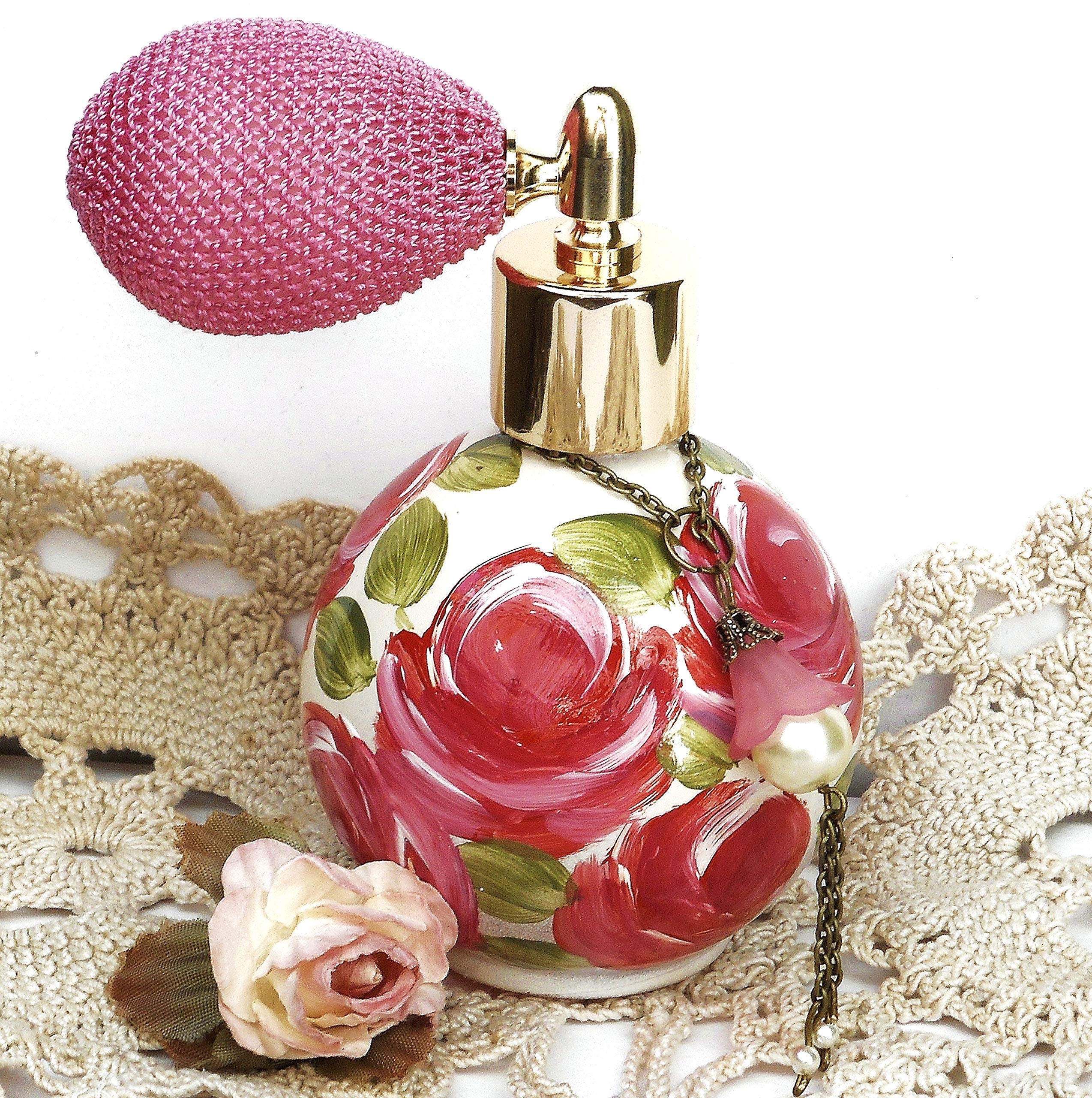 Decorative Small Round Glass Perfume Spray Fine Mist Atomizer Bottle with Hand Painted Pink Roses Romantic Victorian Shabby Chic Decor